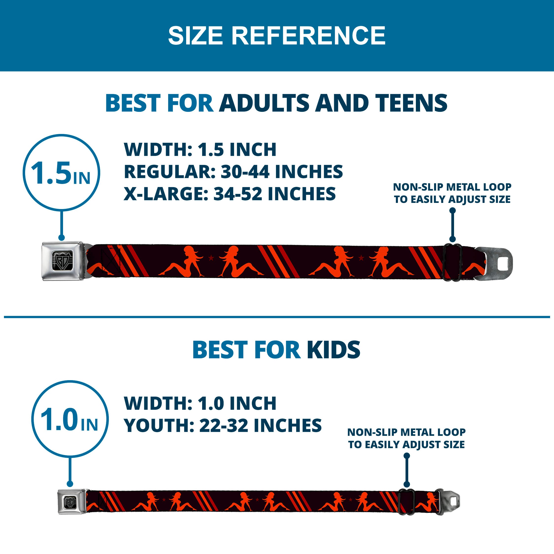 BD Wings Logo CLOSE-UP Full Color Black Silver Seatbelt Belt - Mud Flap Girls w/Stripes Black/Red/Orange Webbing Seatbelt Belts Buckle-Down