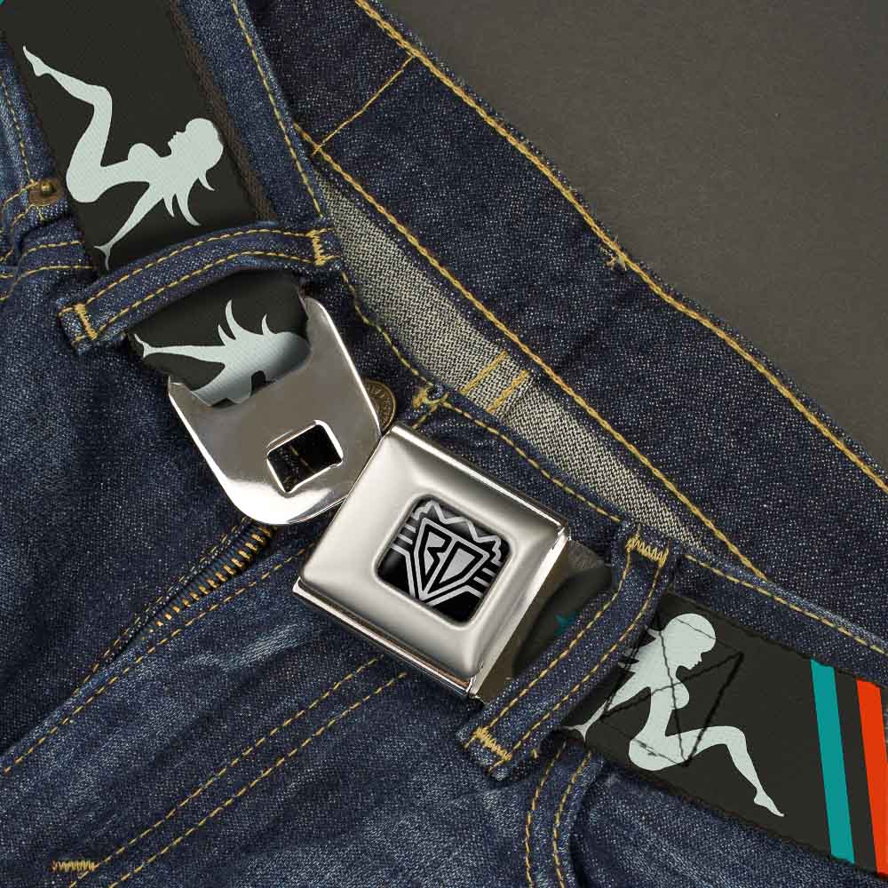 BD Wings Logo CLOSE-UP Full Color Black Silver Seatbelt Belt - Mud Flap Girls w/Stripes Gray/Turquoise/Orange Webbing Seatbelt Belts Buckle-Down