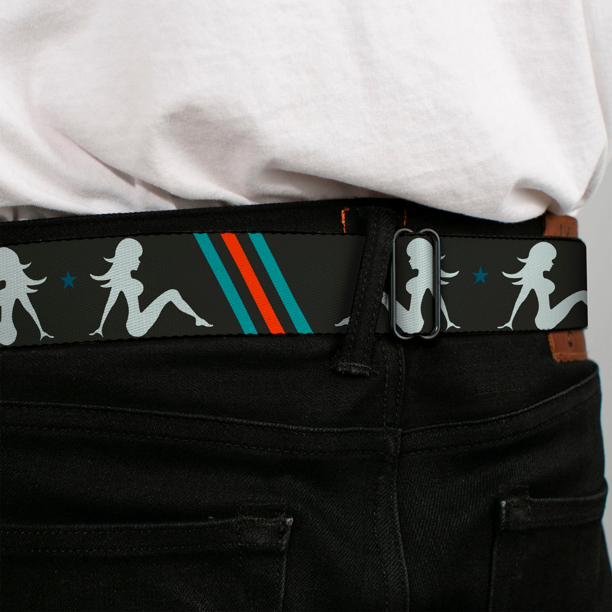 BD Wings Logo CLOSE-UP Full Color Black Silver Seatbelt Belt - Mud Flap Girls w/Stripes Gray/Turquoise/Orange Webbing Seatbelt Belts Buckle-Down