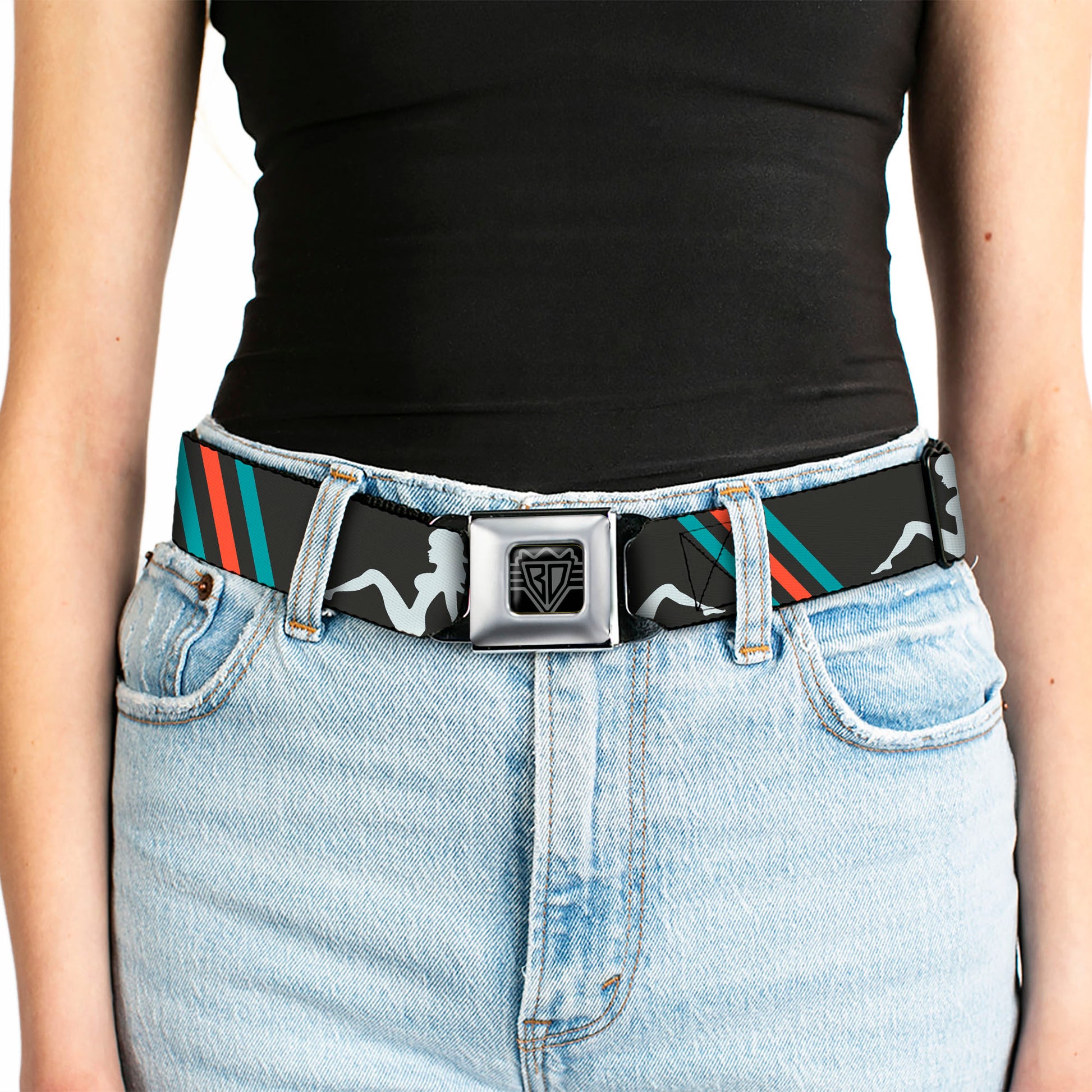 BD Wings Logo CLOSE-UP Full Color Black Silver Seatbelt Belt - Mud Flap Girls w/Stripes Gray/Turquoise/Orange Webbing Seatbelt Belts Buckle-Down