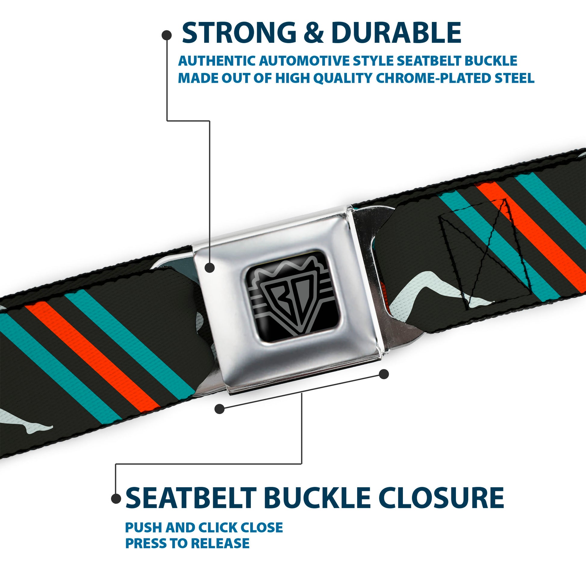 BD Wings Logo CLOSE-UP Full Color Black Silver Seatbelt Belt - Mud Flap Girls w/Stripes Gray/Turquoise/Orange Webbing Seatbelt Belts Buckle-Down