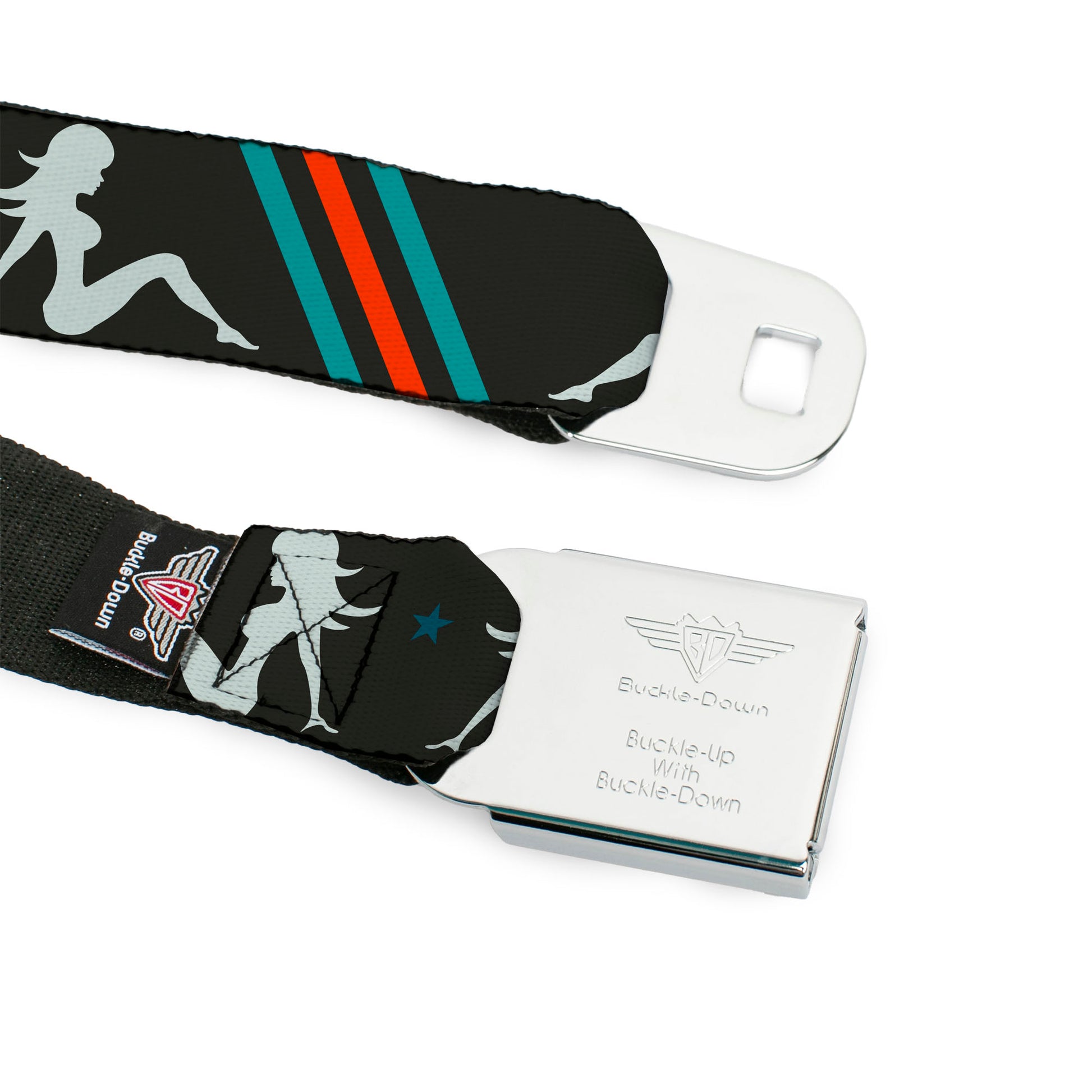 BD Wings Logo CLOSE-UP Full Color Black Silver Seatbelt Belt - Mud Flap Girls w/Stripes Gray/Turquoise/Orange Webbing Seatbelt Belts Buckle-Down