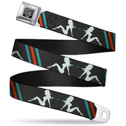 BD Wings Logo CLOSE-UP Full Color Black Silver Seatbelt Belt - Mud Flap Girls w/Stripes Gray/Turquoise/Orange Webbing Seatbelt Belts Buckle-Down