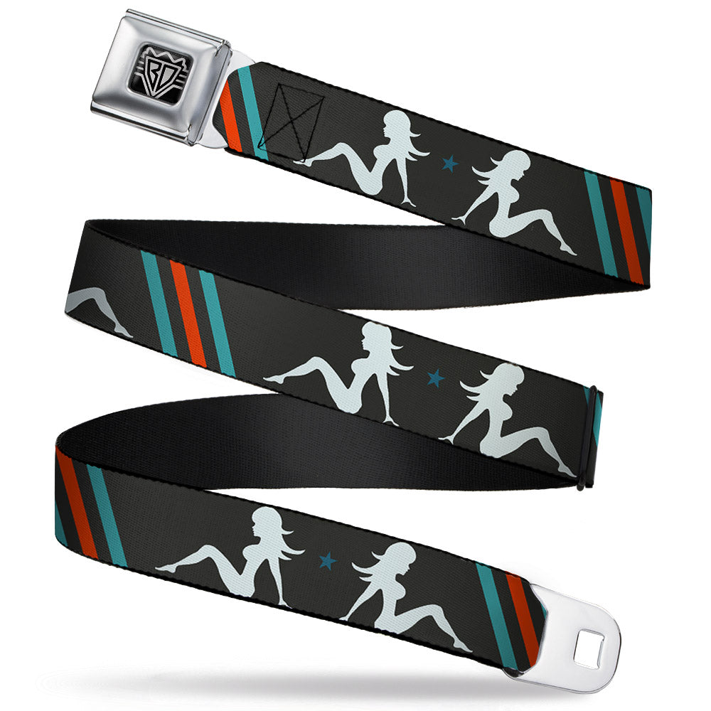 BD Wings Logo CLOSE-UP Full Color Black Silver Seatbelt Belt - Mud Flap Girls w/Stripes Gray/Turquoise/Orange Webbing Seatbelt Belts Buckle-Down