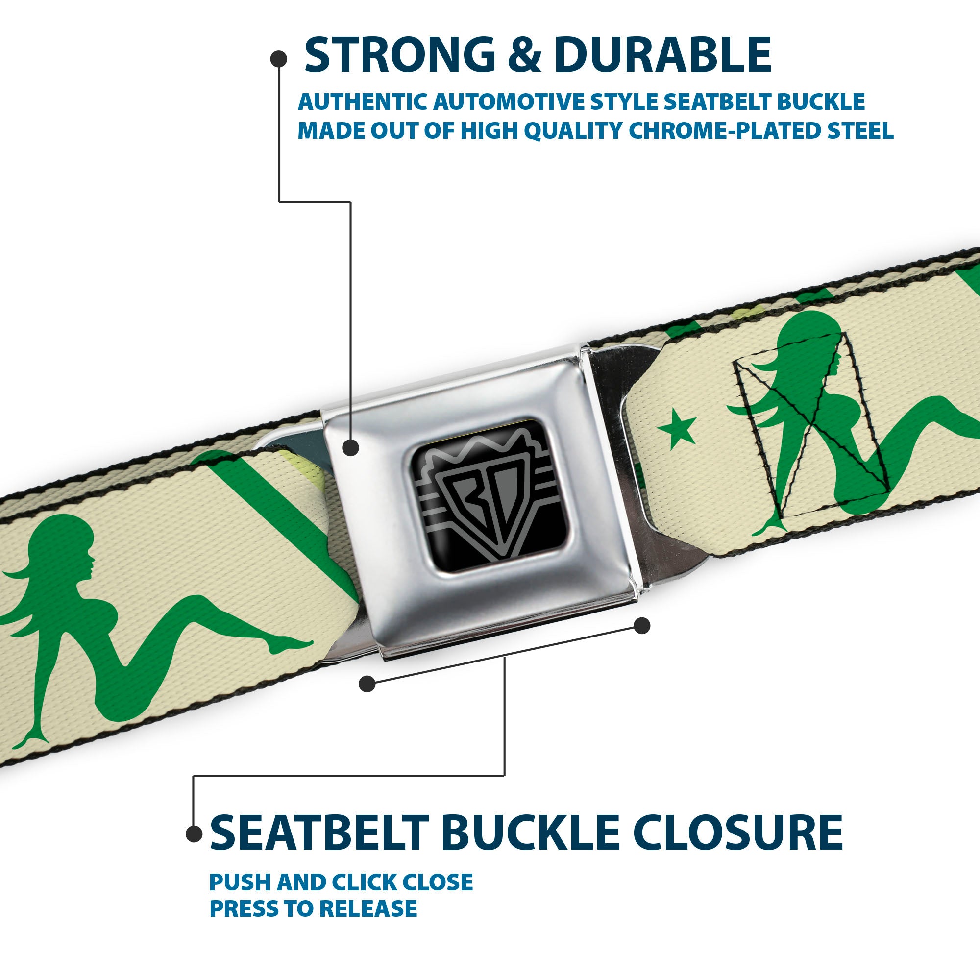 BD Wings Logo CLOSE-UP Full Color Black Silver Seatbelt Belt - Mud Flap Girls w/Stripes Tan/Green/Lime Green Webbing Seatbelt Belts Buckle-Down