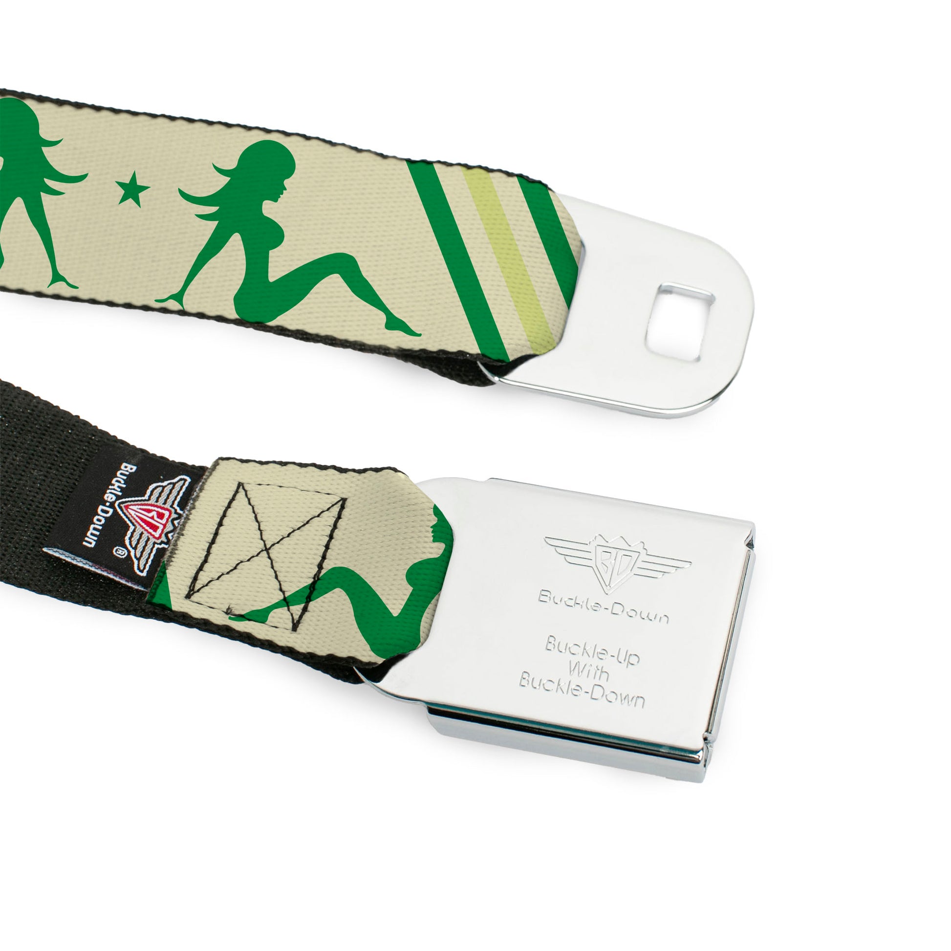 BD Wings Logo CLOSE-UP Full Color Black Silver Seatbelt Belt - Mud Flap Girls w/Stripes Tan/Green/Lime Green Webbing Seatbelt Belts Buckle-Down