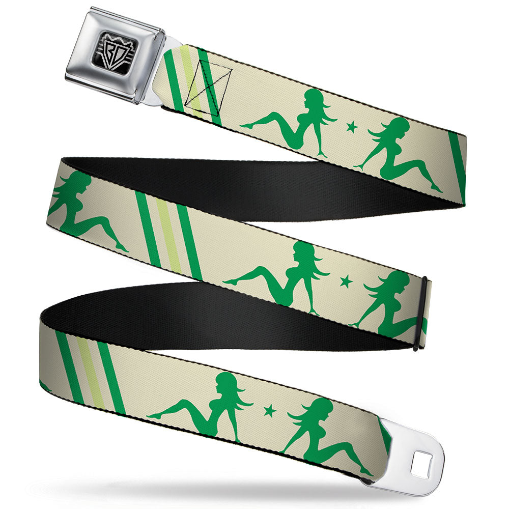 BD Wings Logo CLOSE-UP Full Color Black Silver Seatbelt Belt - Mud Flap Girls w/Stripes Tan/Green/Lime Green Webbing Seatbelt Belts Buckle-Down