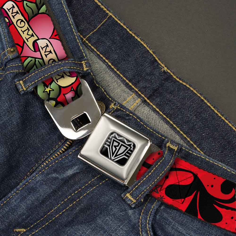 BD Wings Logo CLOSE-UP Full Color Black Silver Seatbelt Belt - Mom & Mom Red Webbing Seatbelt Belts Buckle-Down