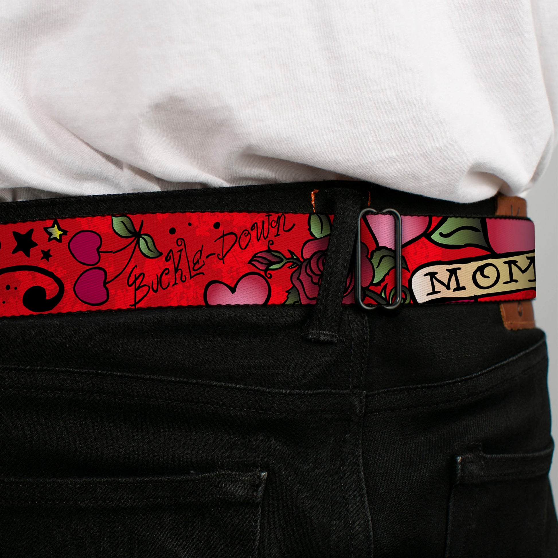 BD Wings Logo CLOSE-UP Full Color Black Silver Seatbelt Belt - Mom & Mom Red Webbing Seatbelt Belts Buckle-Down