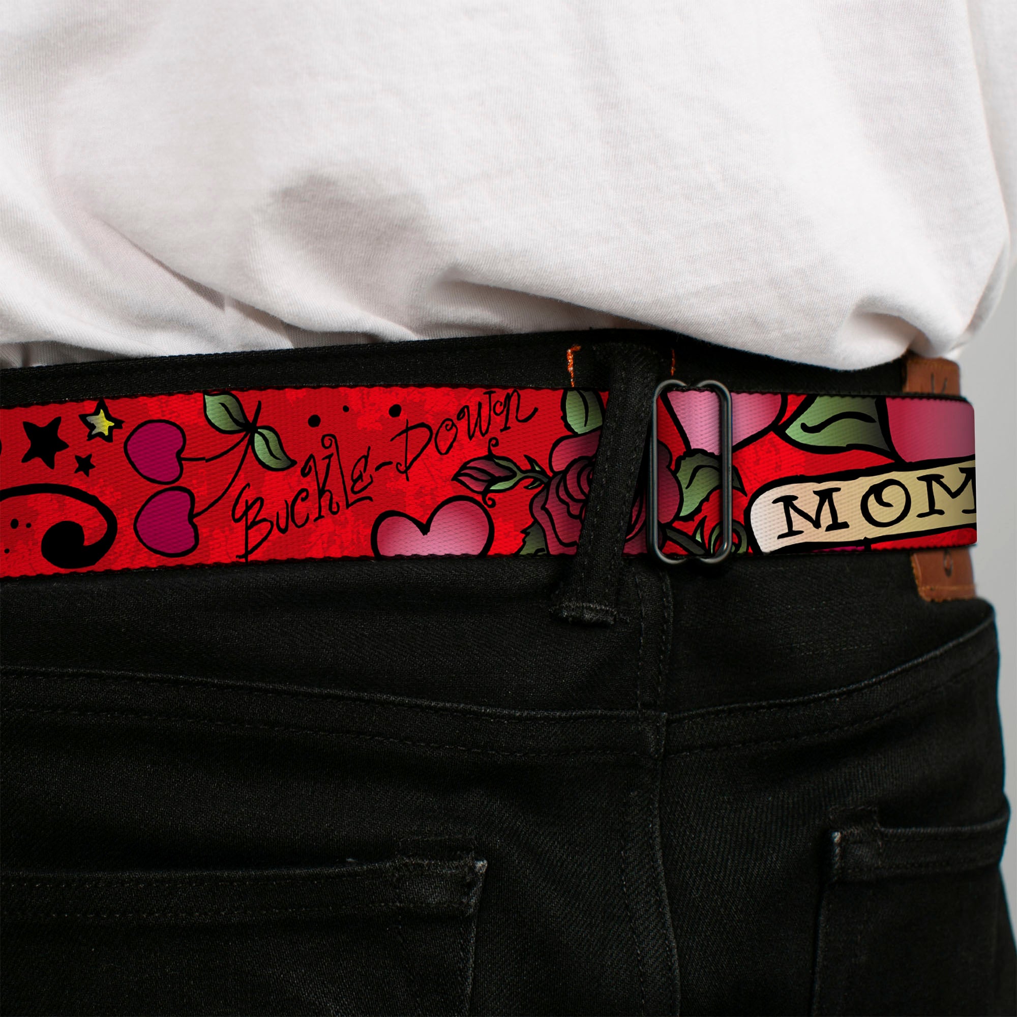 BD Wings Logo CLOSE-UP Full Color Black Silver Seatbelt Belt - Mom & Mom Red Webbing Seatbelt Belts Buckle-Down