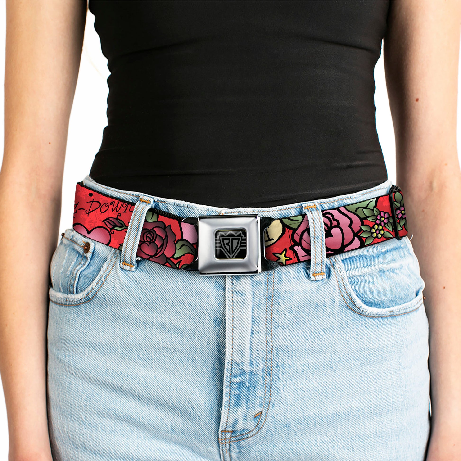 BD Wings Logo CLOSE-UP Full Color Black Silver Seatbelt Belt - Mom & Mom Red Webbing Seatbelt Belts Buckle-Down