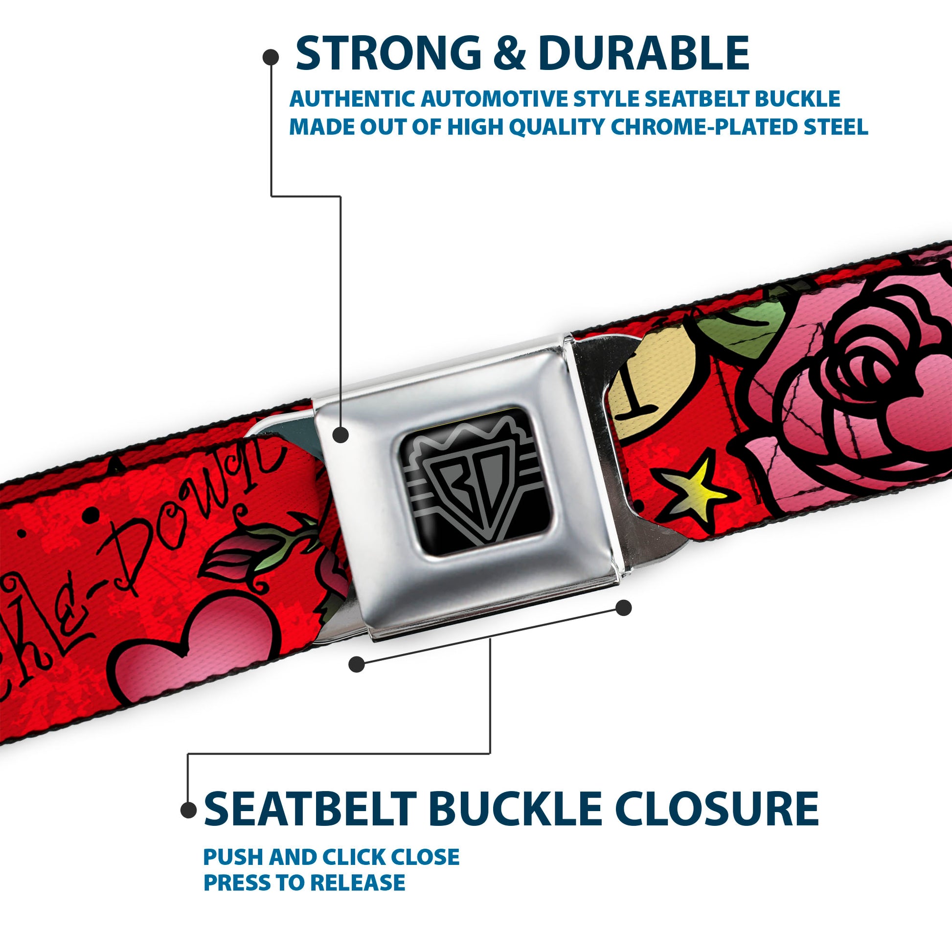 BD Wings Logo CLOSE-UP Full Color Black Silver Seatbelt Belt - Mom & Mom Red Webbing Seatbelt Belts Buckle-Down