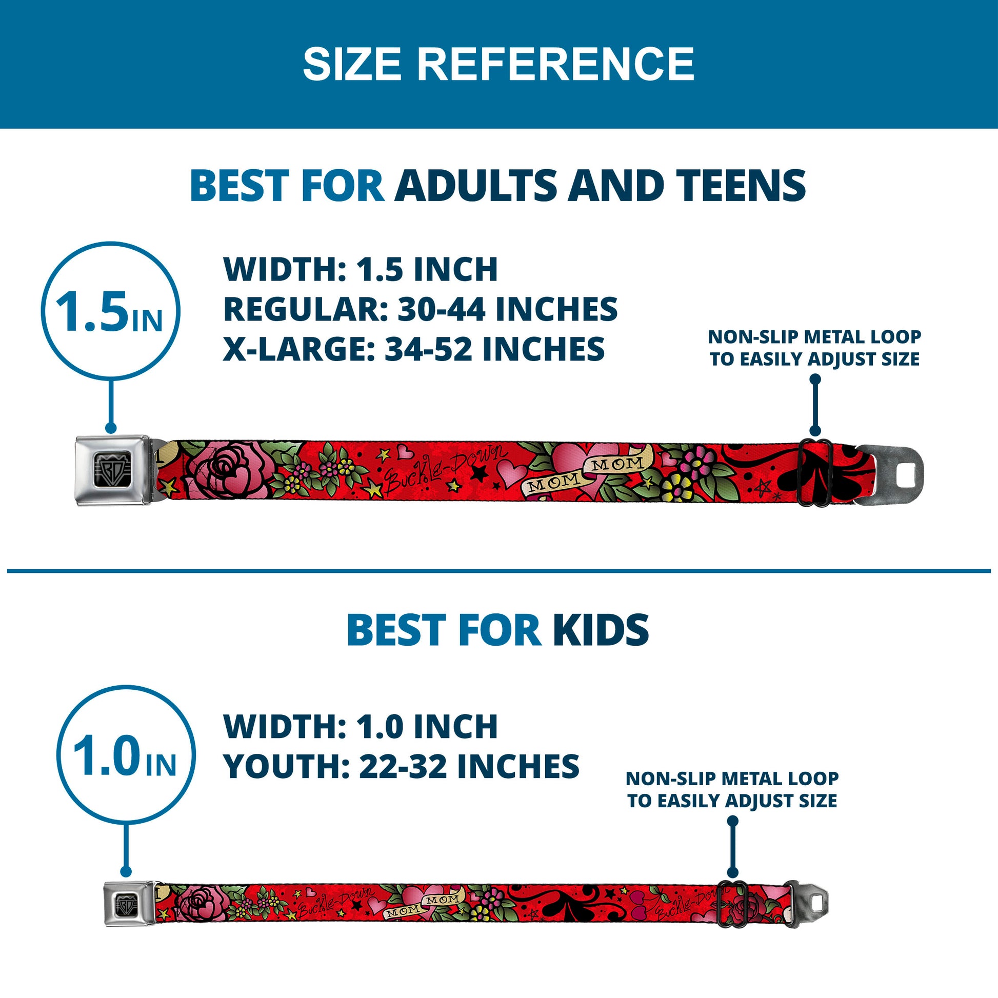 BD Wings Logo CLOSE-UP Full Color Black Silver Seatbelt Belt - Mom & Mom Red Webbing Seatbelt Belts Buckle-Down