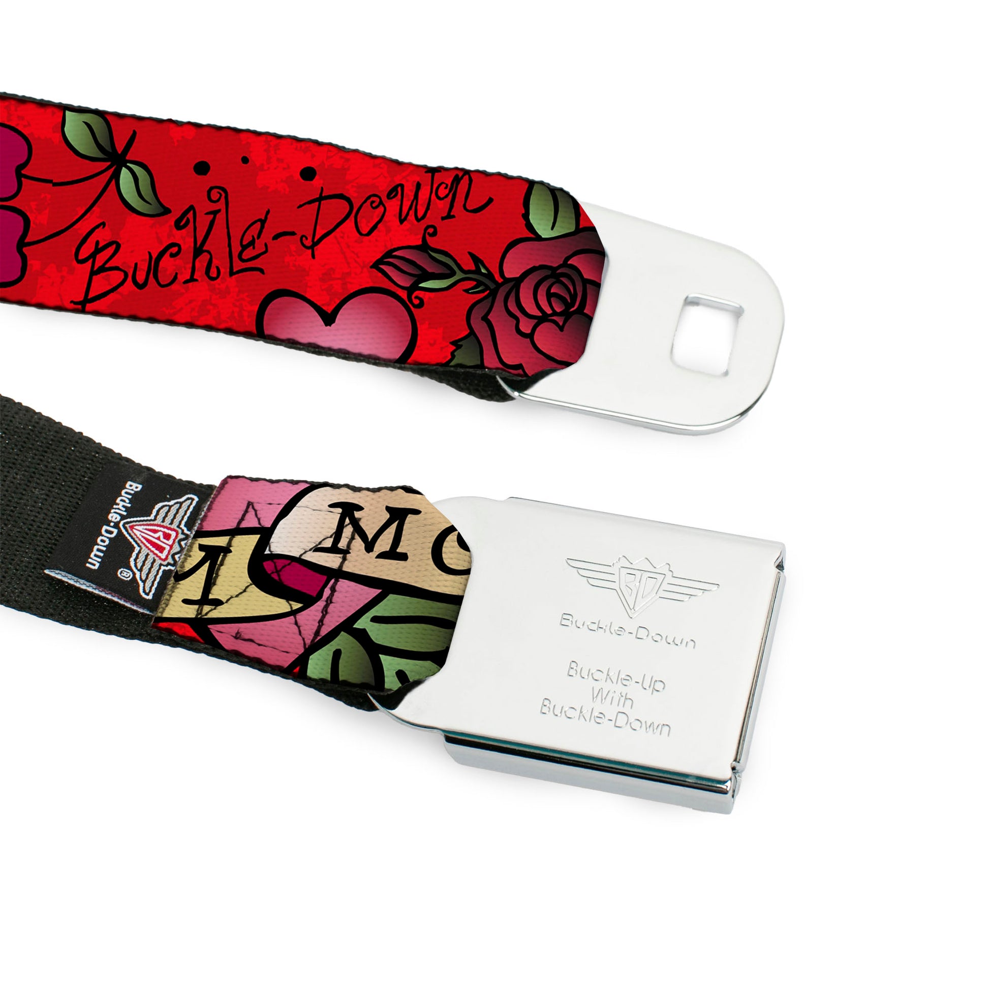 BD Wings Logo CLOSE-UP Full Color Black Silver Seatbelt Belt - Mom & Mom Red Webbing Seatbelt Belts Buckle-Down