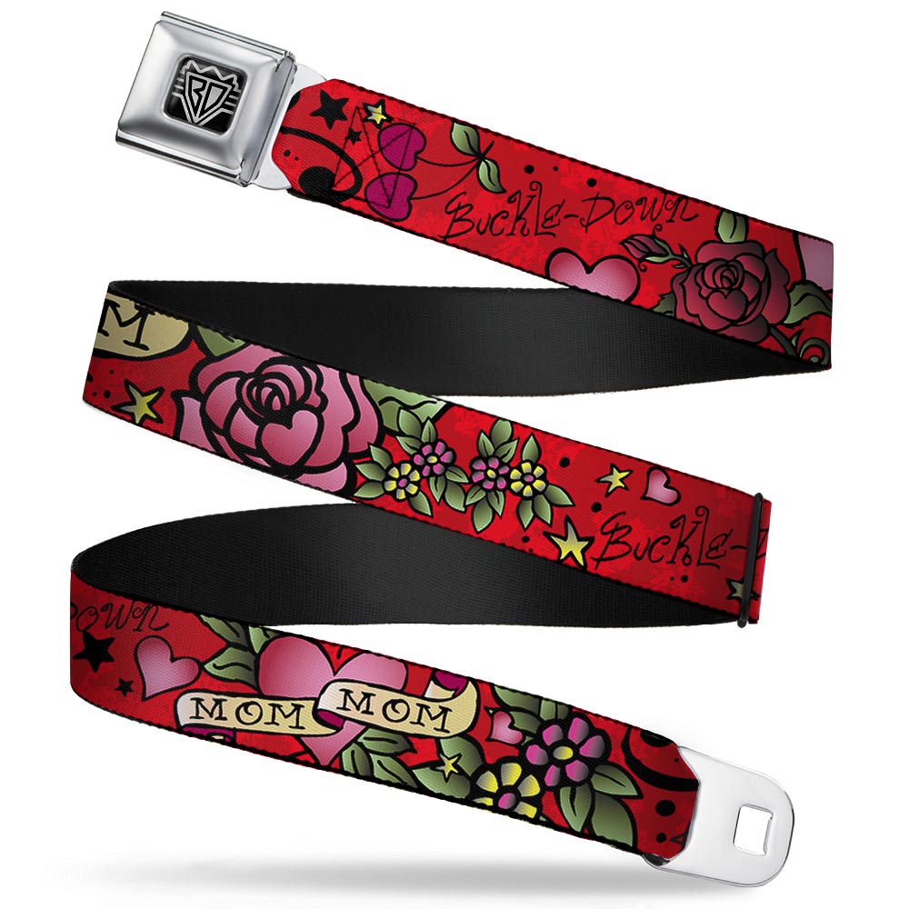 BD Wings Logo CLOSE-UP Full Color Black Silver Seatbelt Belt - Mom & Mom Red Webbing Seatbelt Belts Buckle-Down