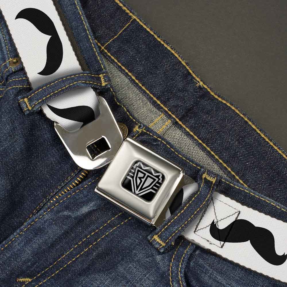 BD Wings Logo CLOSE-UP Full Color Black Silver Seatbelt Belt - Mustaches Straight White/Black Webbing Seatbelt Belts Buckle-Down