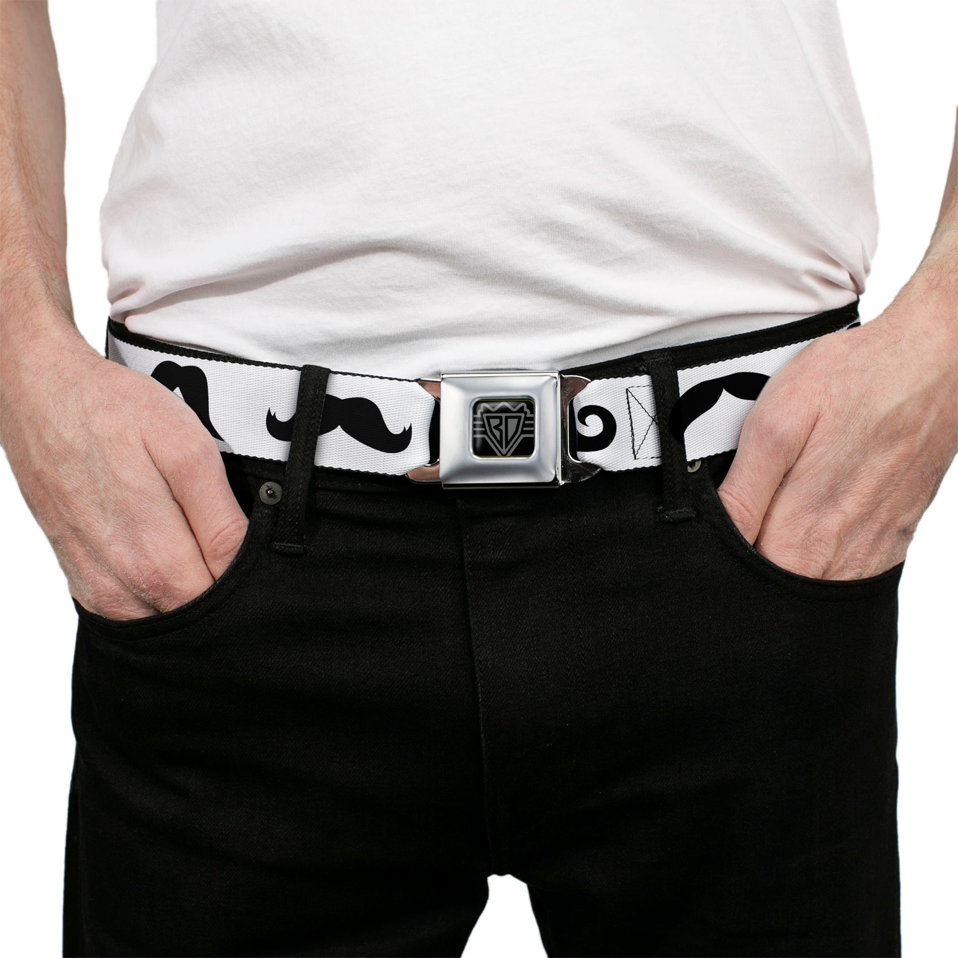 BD Wings Logo CLOSE-UP Full Color Black Silver Seatbelt Belt - Mustaches Straight White/Black Webbing Seatbelt Belts Buckle-Down