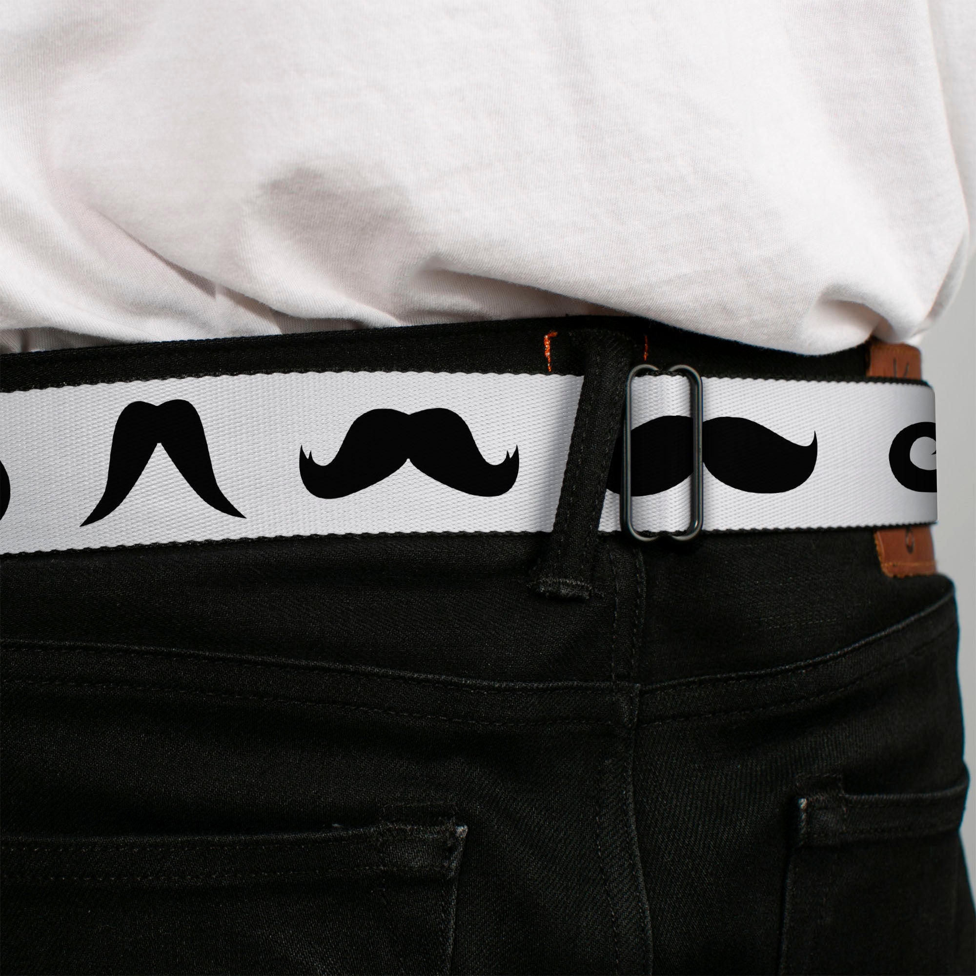 BD Wings Logo CLOSE-UP Full Color Black Silver Seatbelt Belt - Mustaches Straight White/Black Webbing Seatbelt Belts Buckle-Down