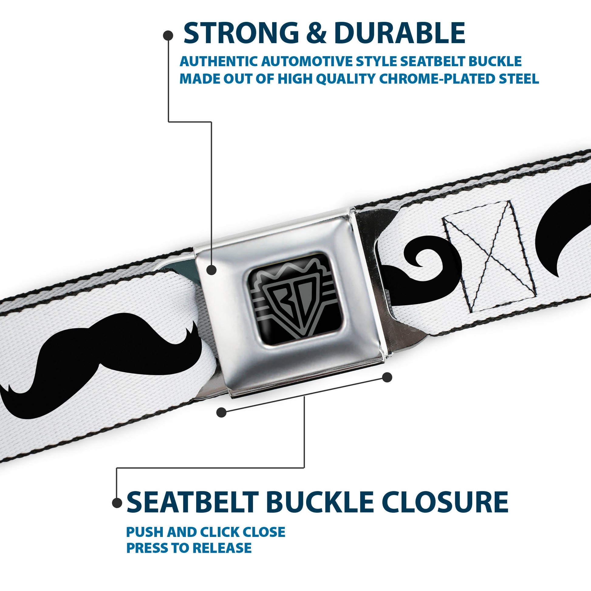 BD Wings Logo CLOSE-UP Full Color Black Silver Seatbelt Belt - Mustaches Straight White/Black Webbing Seatbelt Belts Buckle-Down