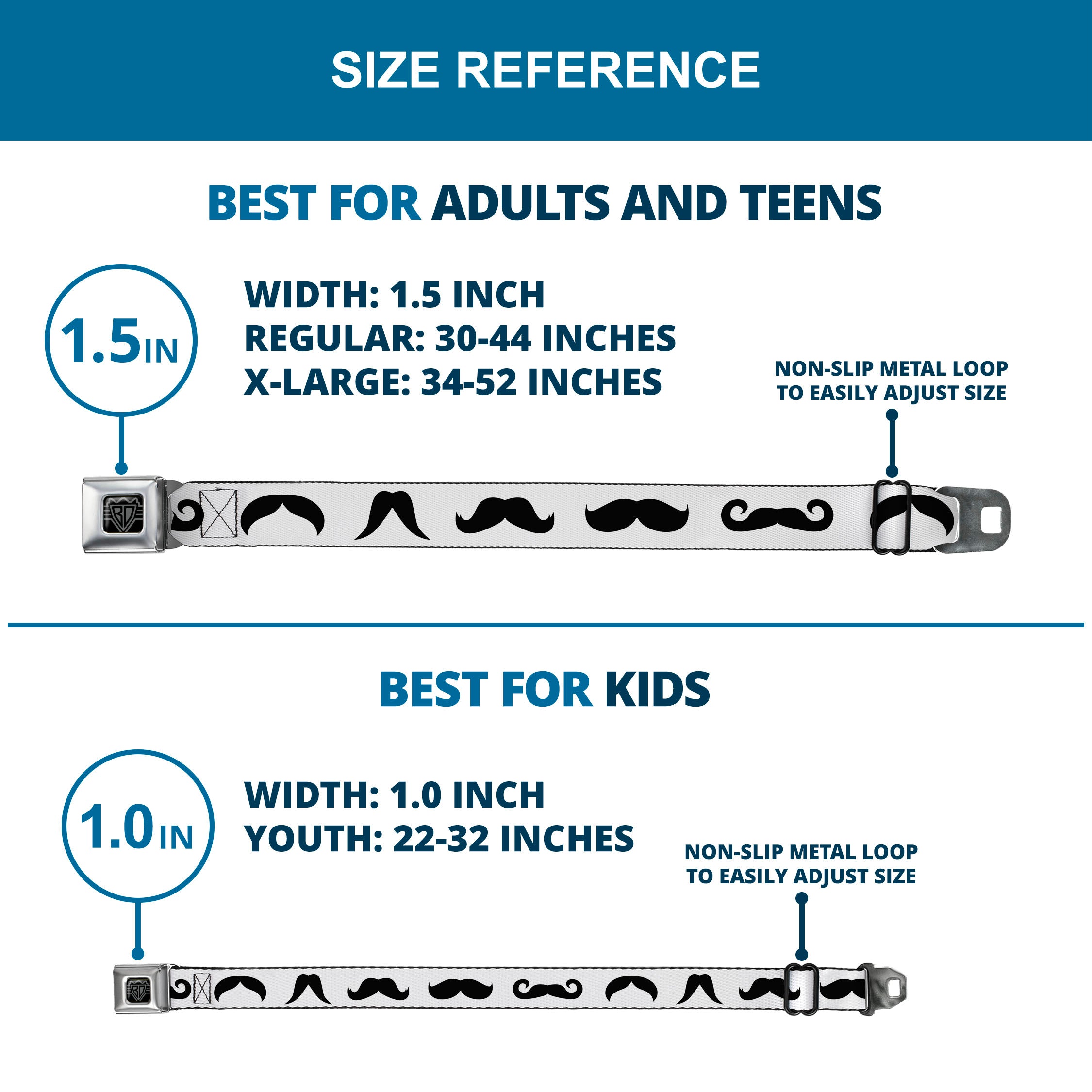 BD Wings Logo CLOSE-UP Full Color Black Silver Seatbelt Belt - Mustaches Straight White/Black Webbing Seatbelt Belts Buckle-Down