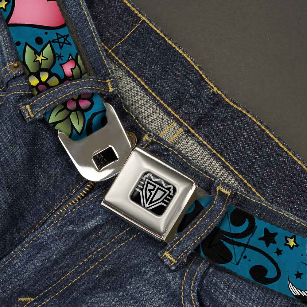 BD Wings Logo CLOSE-UP Full Color Black Silver Seatbelt Belt - Mom & Dad CLOSE-UP Blue w/Sparrows Webbing Seatbelt Belts Buckle-Down