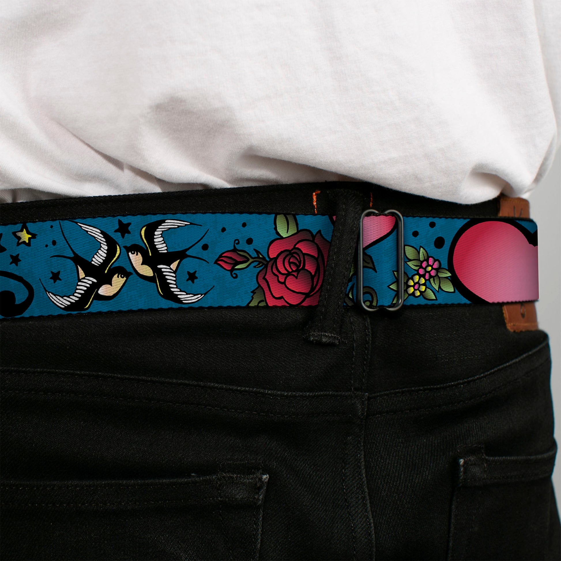 BD Wings Logo CLOSE-UP Full Color Black Silver Seatbelt Belt - Mom & Dad CLOSE-UP Blue w/Sparrows Webbing Seatbelt Belts Buckle-Down