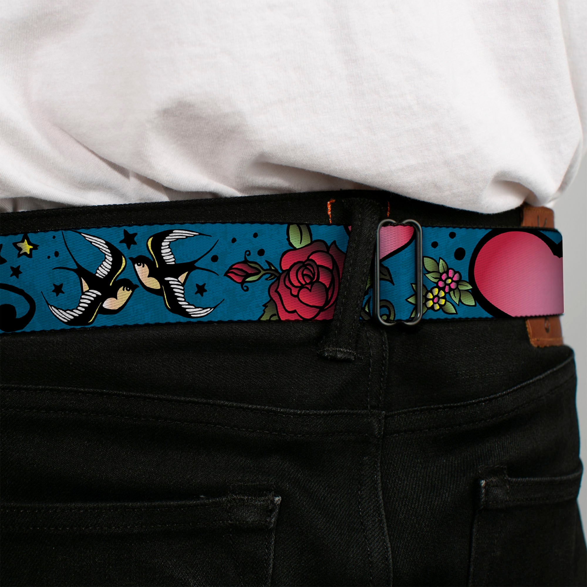 BD Wings Logo CLOSE-UP Full Color Black Silver Seatbelt Belt - Mom & Dad CLOSE-UP Blue w/Sparrows Webbing Seatbelt Belts Buckle-Down