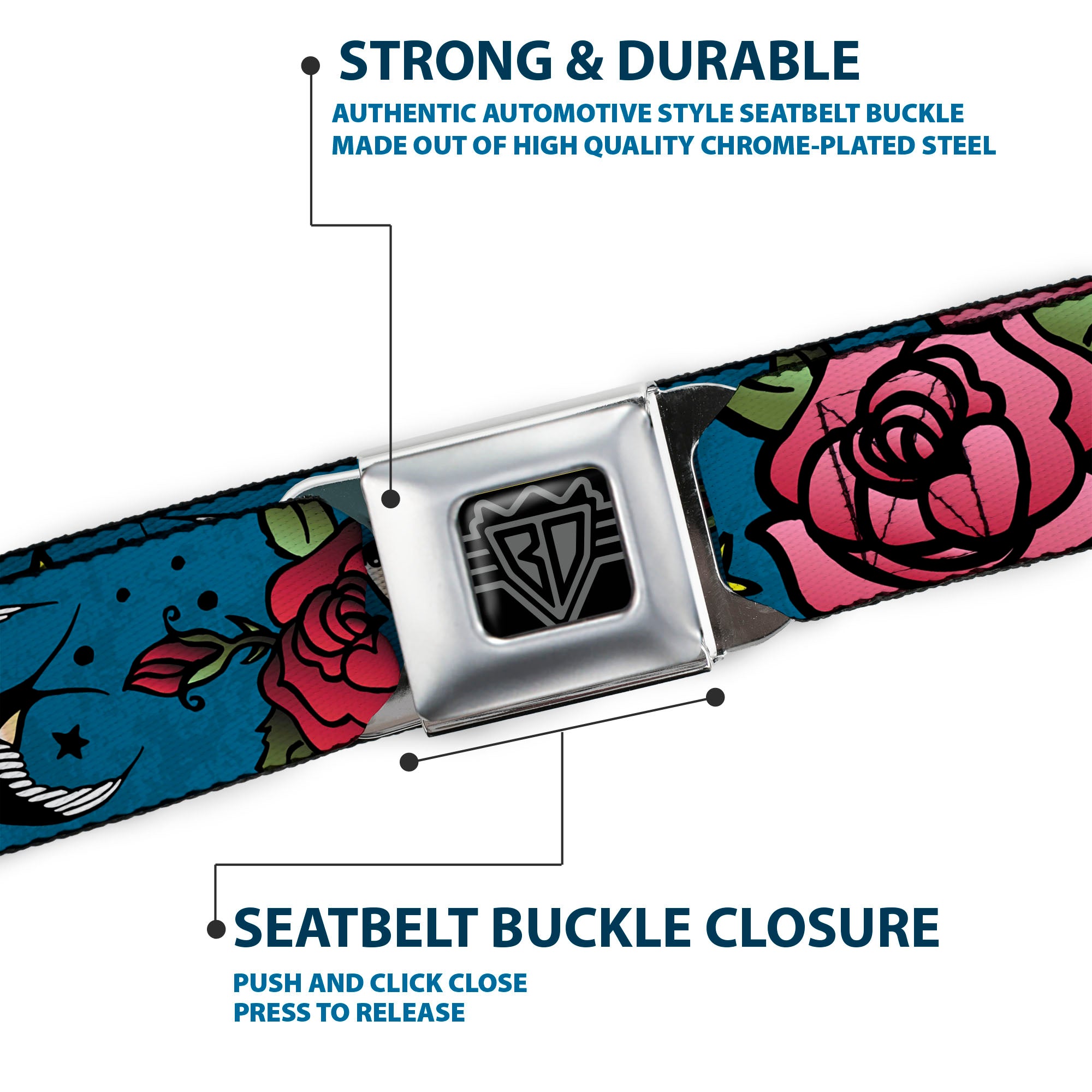 BD Wings Logo CLOSE-UP Full Color Black Silver Seatbelt Belt - Mom & Dad CLOSE-UP Blue w/Sparrows Webbing Seatbelt Belts Buckle-Down