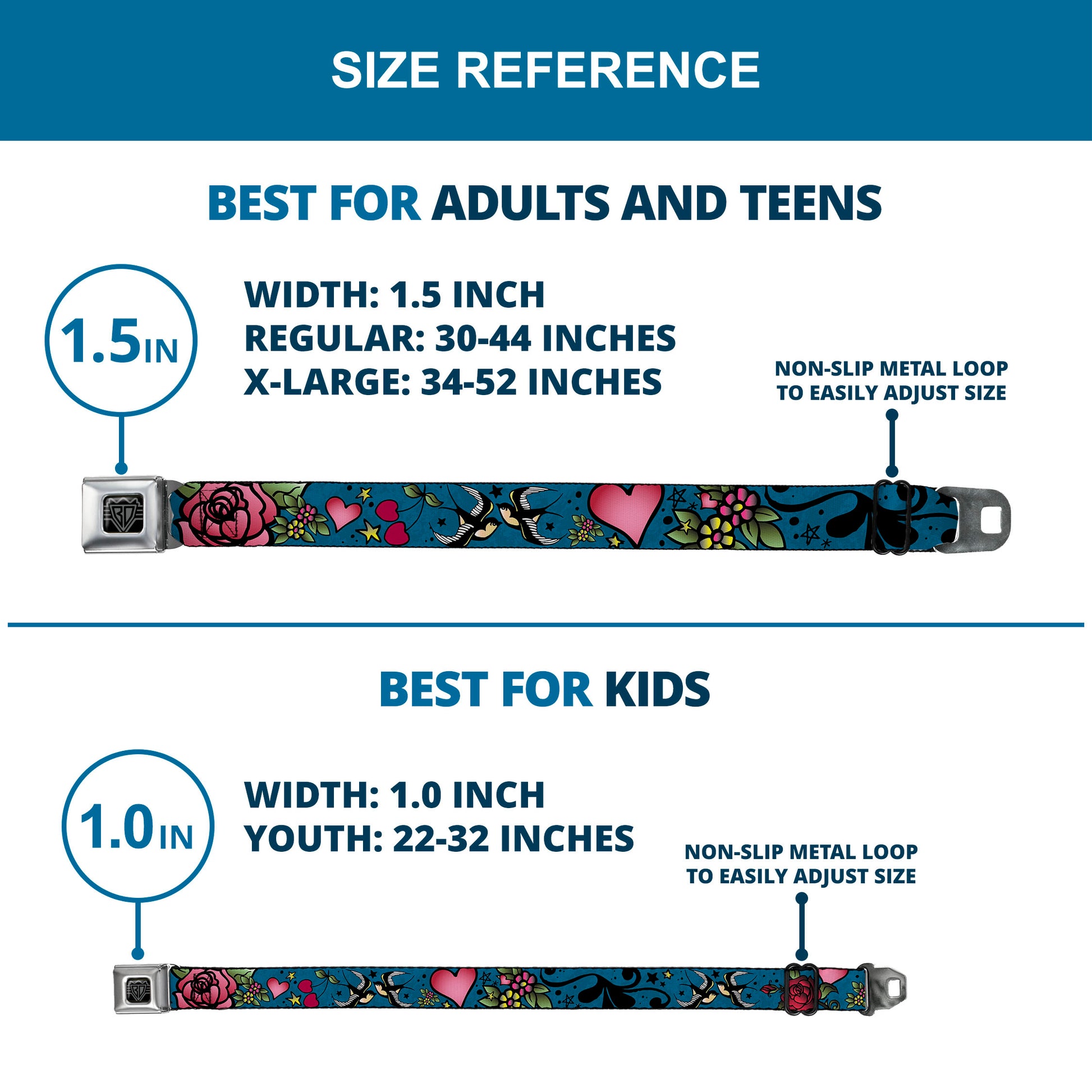 BD Wings Logo CLOSE-UP Full Color Black Silver Seatbelt Belt - Mom & Dad CLOSE-UP Blue w/Sparrows Webbing Seatbelt Belts Buckle-Down