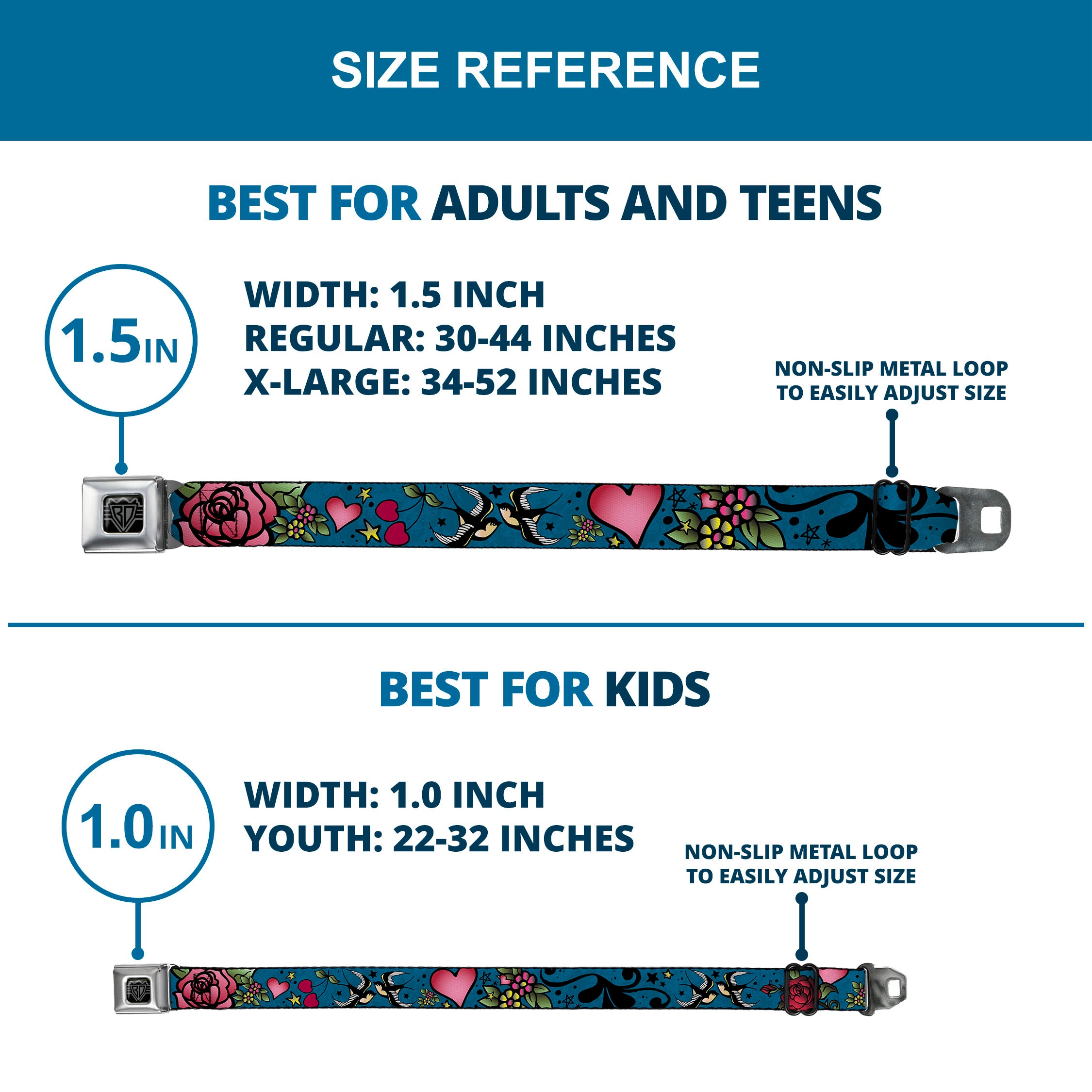 BD Wings Logo CLOSE-UP Full Color Black Silver Seatbelt Belt - Mom & Dad CLOSE-UP Blue w/Sparrows Webbing Seatbelt Belts Buckle-Down