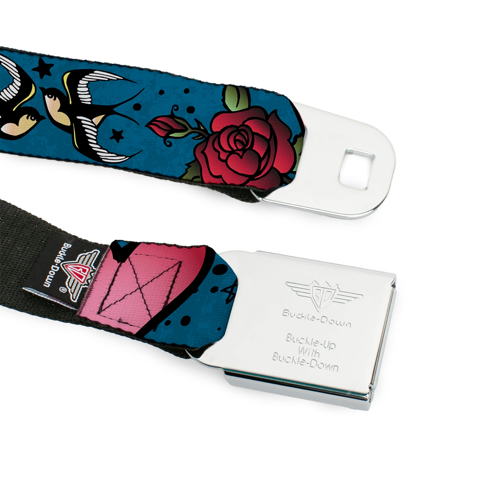 BD Wings Logo CLOSE-UP Full Color Black Silver Seatbelt Belt - Mom & Dad CLOSE-UP Blue w/Sparrows Webbing Seatbelt Belts Buckle-Down