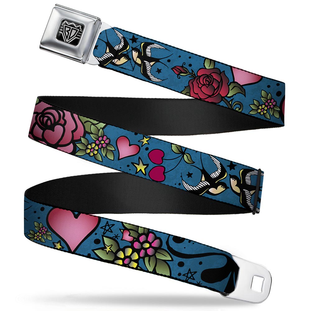 BD Wings Logo CLOSE-UP Full Color Black Silver Seatbelt Belt - Mom & Dad CLOSE-UP Blue w/Sparrows Webbing Seatbelt Belts Buckle-Down