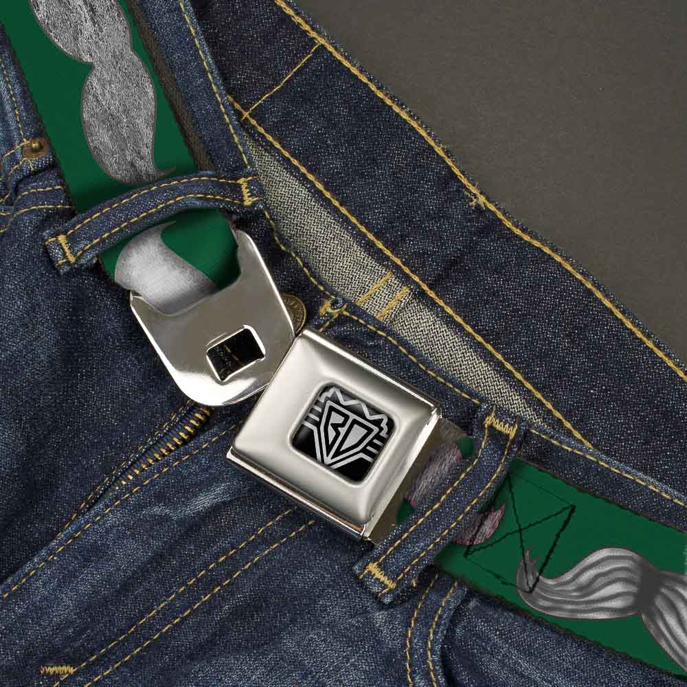 BD Wings Logo CLOSE-UP Full Color Black Silver Seatbelt Belt - Mustaches Green/Sketch Webbing Seatbelt Belts Buckle-Down