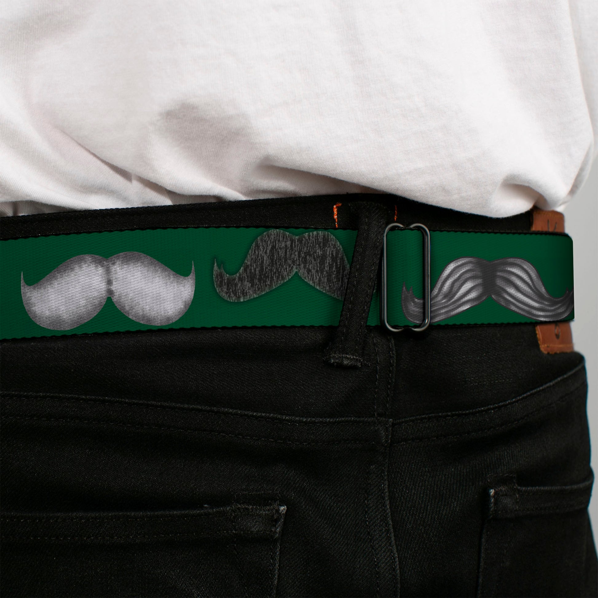 BD Wings Logo CLOSE-UP Full Color Black Silver Seatbelt Belt - Mustaches Green/Sketch Webbing Seatbelt Belts Buckle-Down