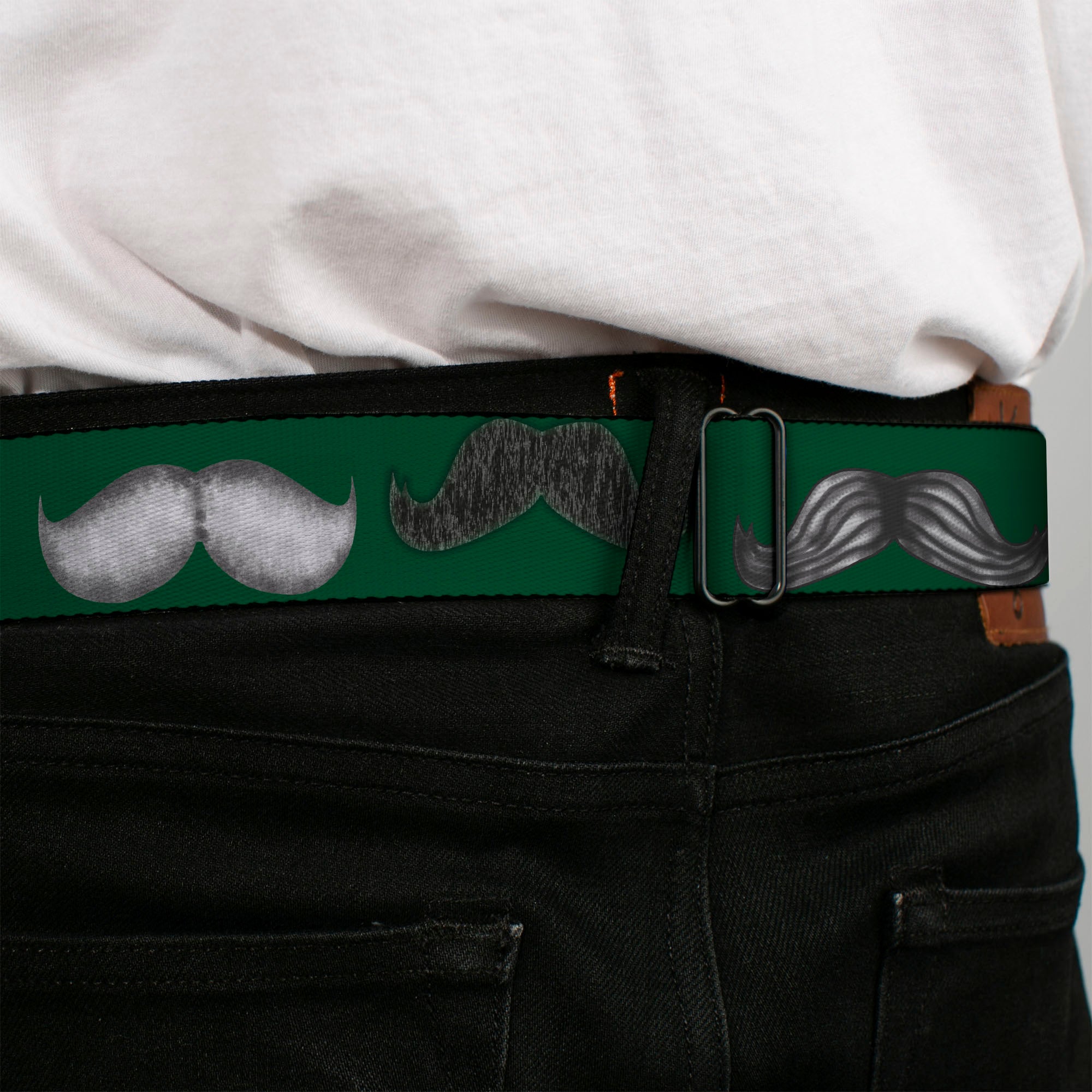 BD Wings Logo CLOSE-UP Full Color Black Silver Seatbelt Belt - Mustaches Green/Sketch Webbing Seatbelt Belts Buckle-Down