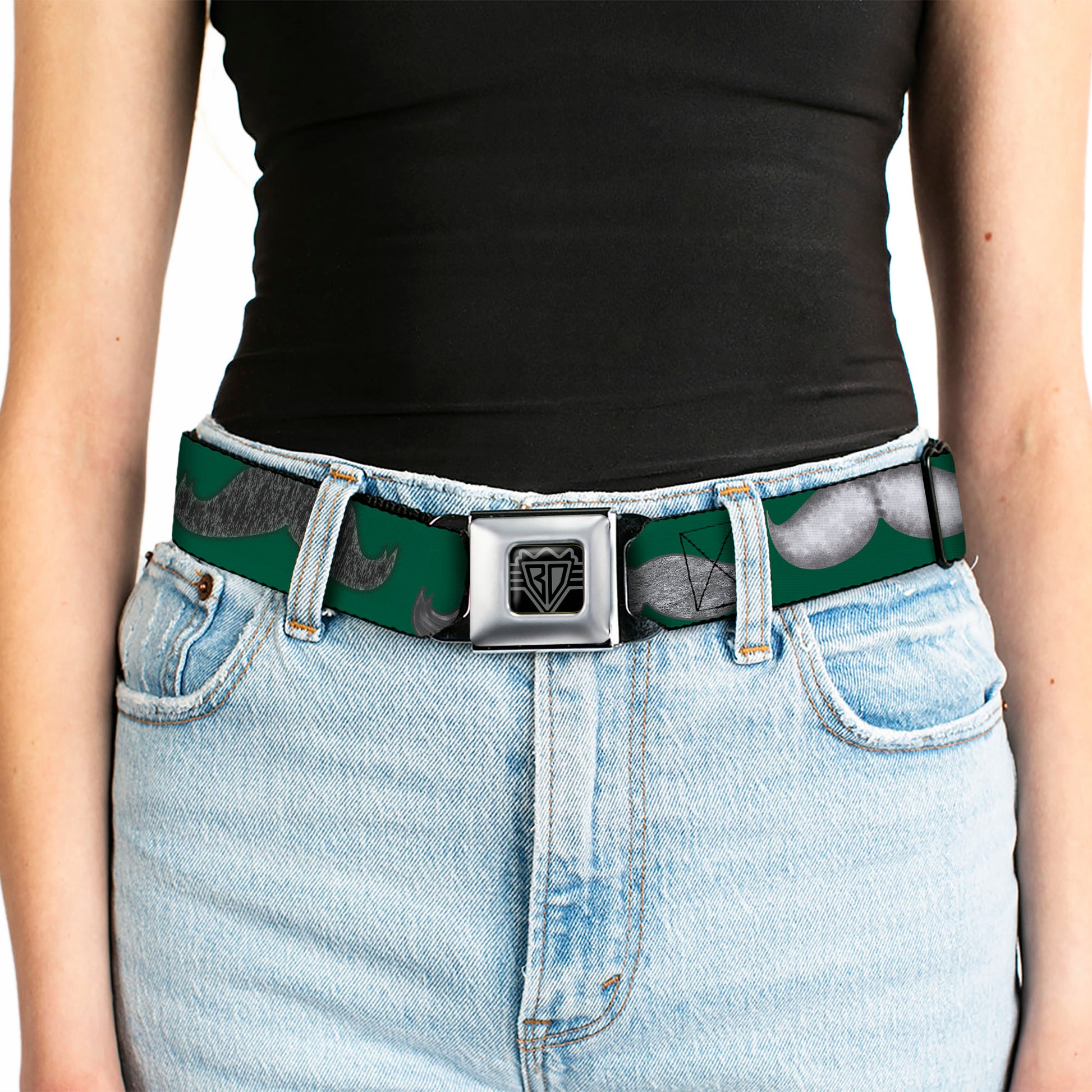 BD Wings Logo CLOSE-UP Full Color Black Silver Seatbelt Belt - Mustaches Green/Sketch Webbing Seatbelt Belts Buckle-Down