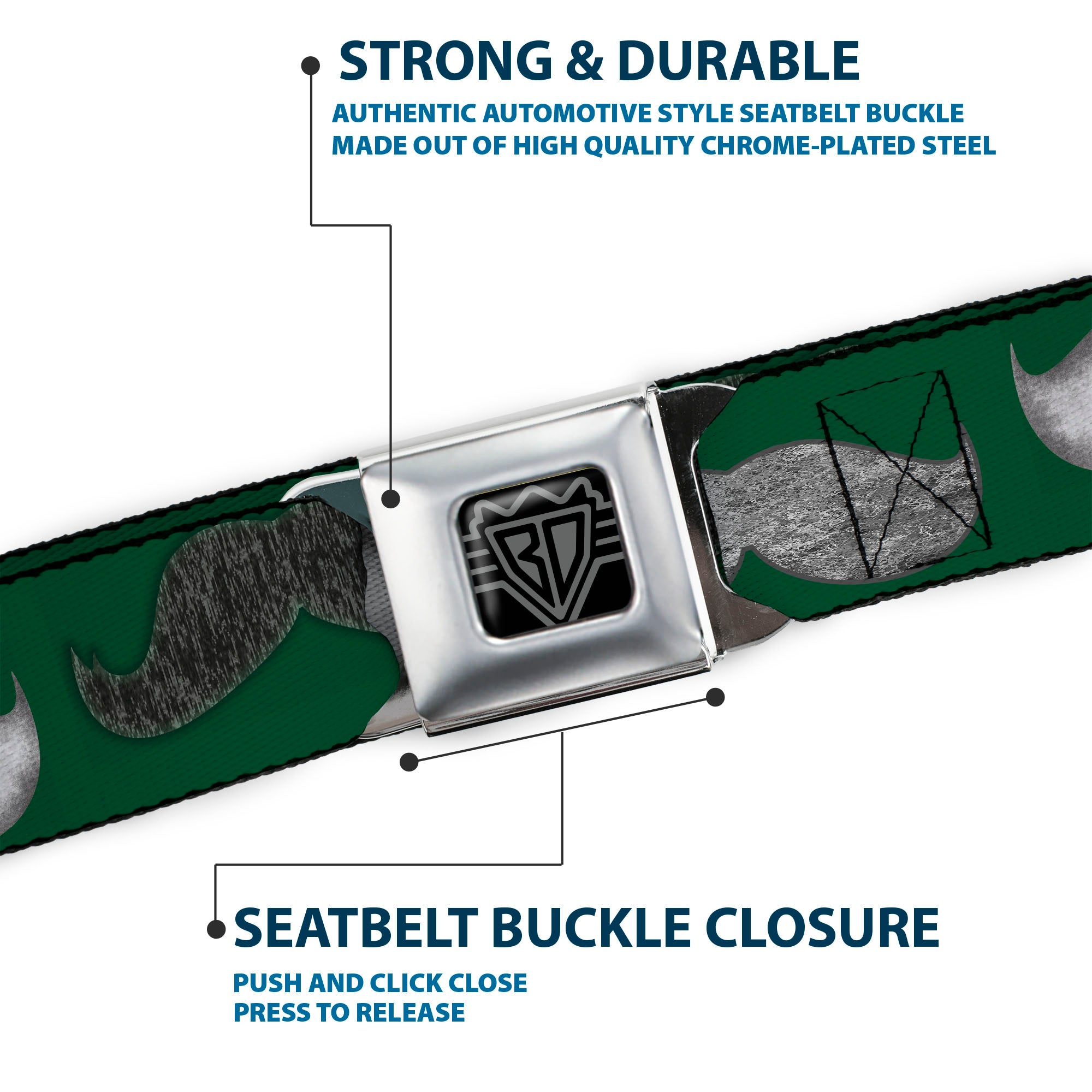 BD Wings Logo CLOSE-UP Full Color Black Silver Seatbelt Belt - Mustaches Green/Sketch Webbing Seatbelt Belts Buckle-Down