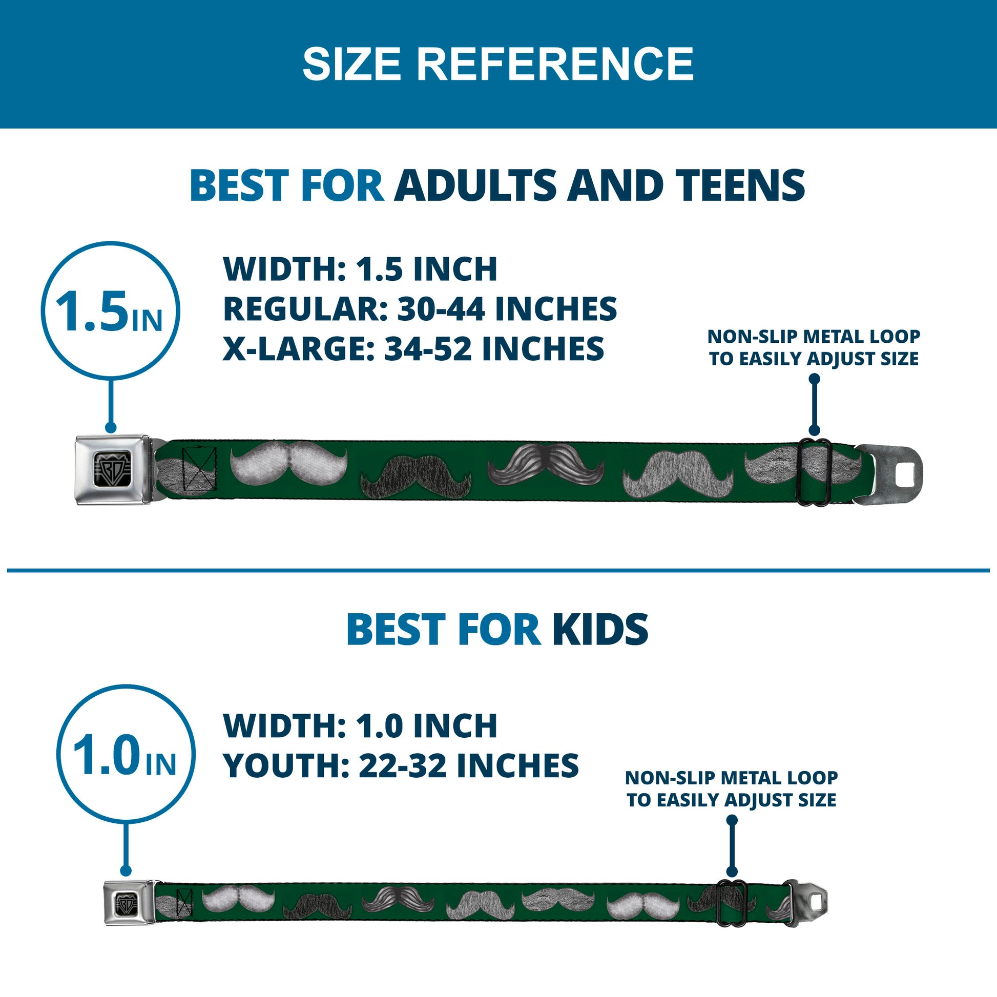 BD Wings Logo CLOSE-UP Full Color Black Silver Seatbelt Belt - Mustaches Green/Sketch Webbing Seatbelt Belts Buckle-Down