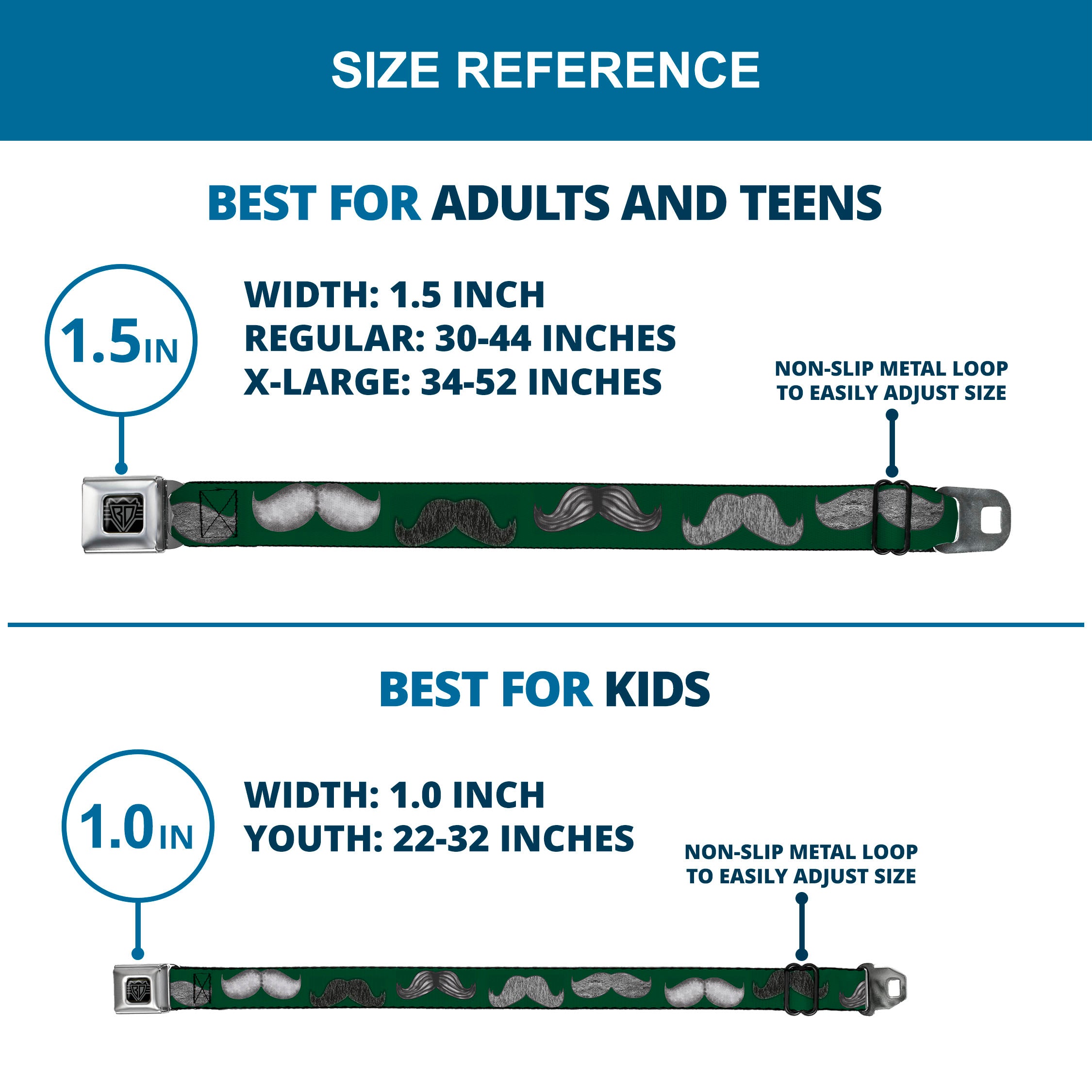 BD Wings Logo CLOSE-UP Full Color Black Silver Seatbelt Belt - Mustaches Green/Sketch Webbing Seatbelt Belts Buckle-Down