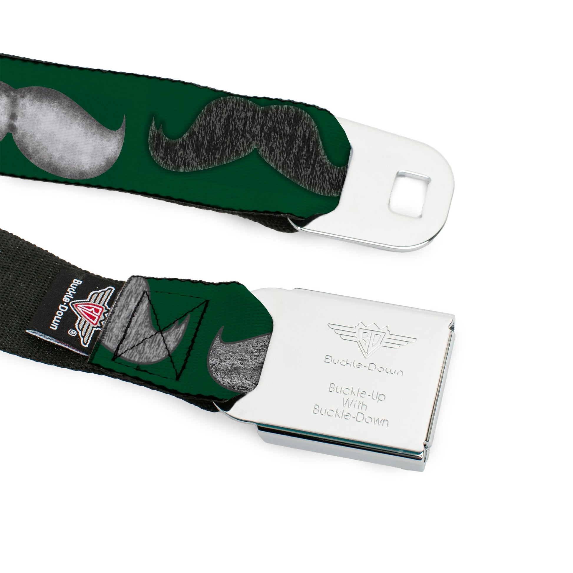 BD Wings Logo CLOSE-UP Full Color Black Silver Seatbelt Belt - Mustaches Green/Sketch Webbing Seatbelt Belts Buckle-Down