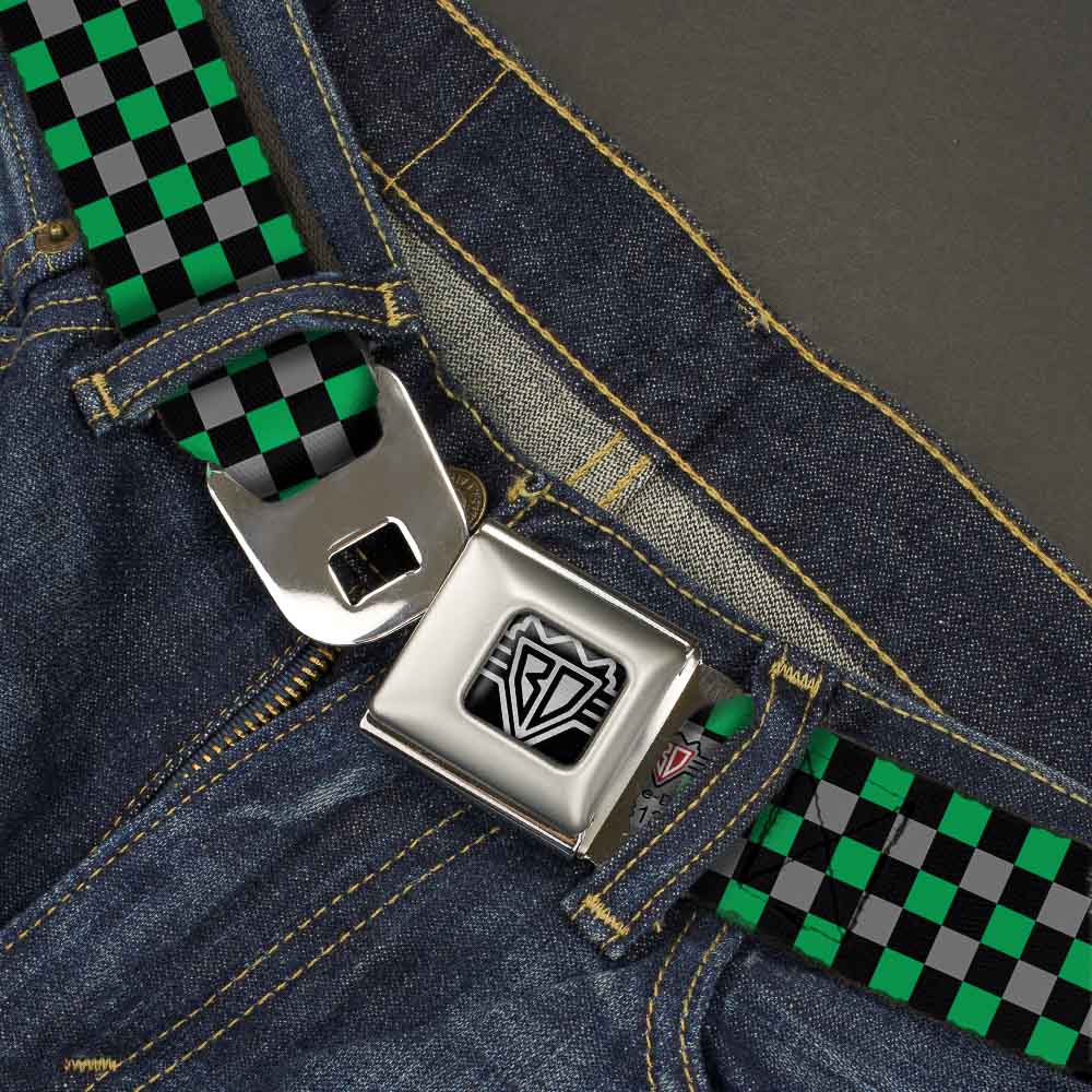 BD Wings Logo CLOSE-UP Full Color Black Silver Seatbelt Belt - Mini Checker Black/Gray/3 Green Webbing Seatbelt Belts Buckle-Down