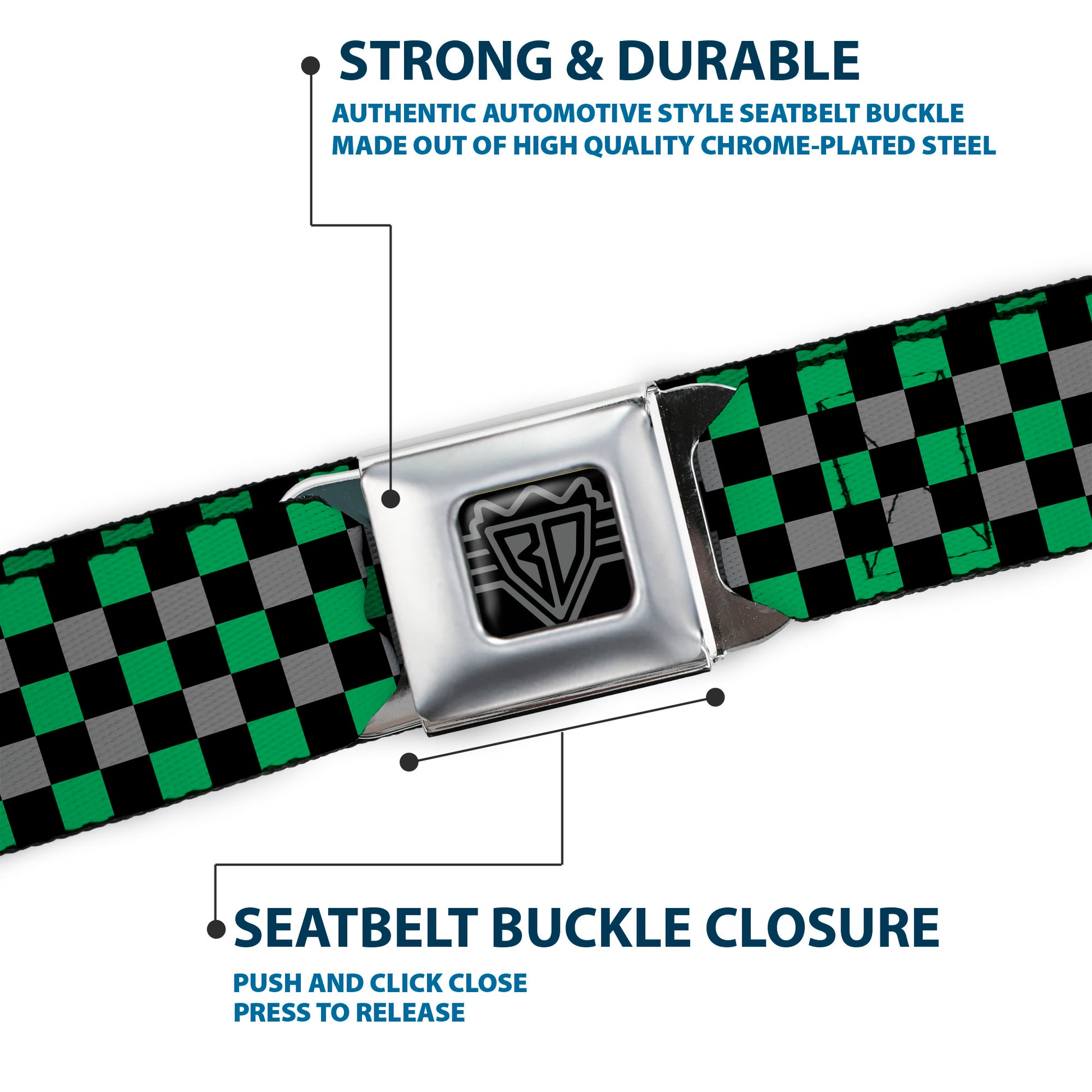 BD Wings Logo CLOSE-UP Full Color Black Silver Seatbelt Belt - Mini Checker Black/Gray/3 Green Webbing Seatbelt Belts Buckle-Down