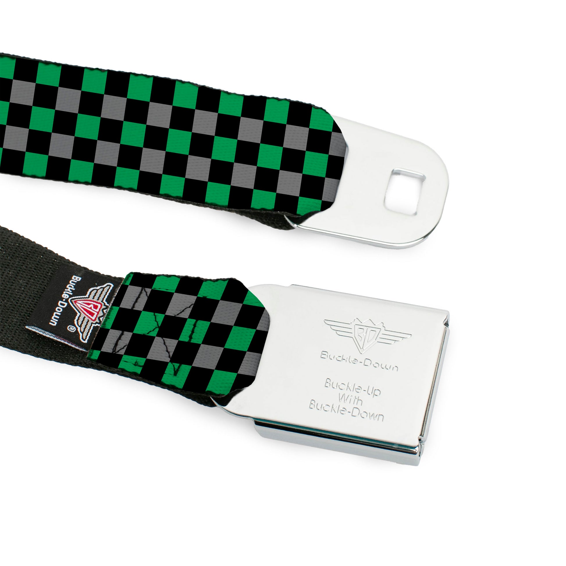 BD Wings Logo CLOSE-UP Full Color Black Silver Seatbelt Belt - Mini Checker Black/Gray/3 Green Webbing Seatbelt Belts Buckle-Down
