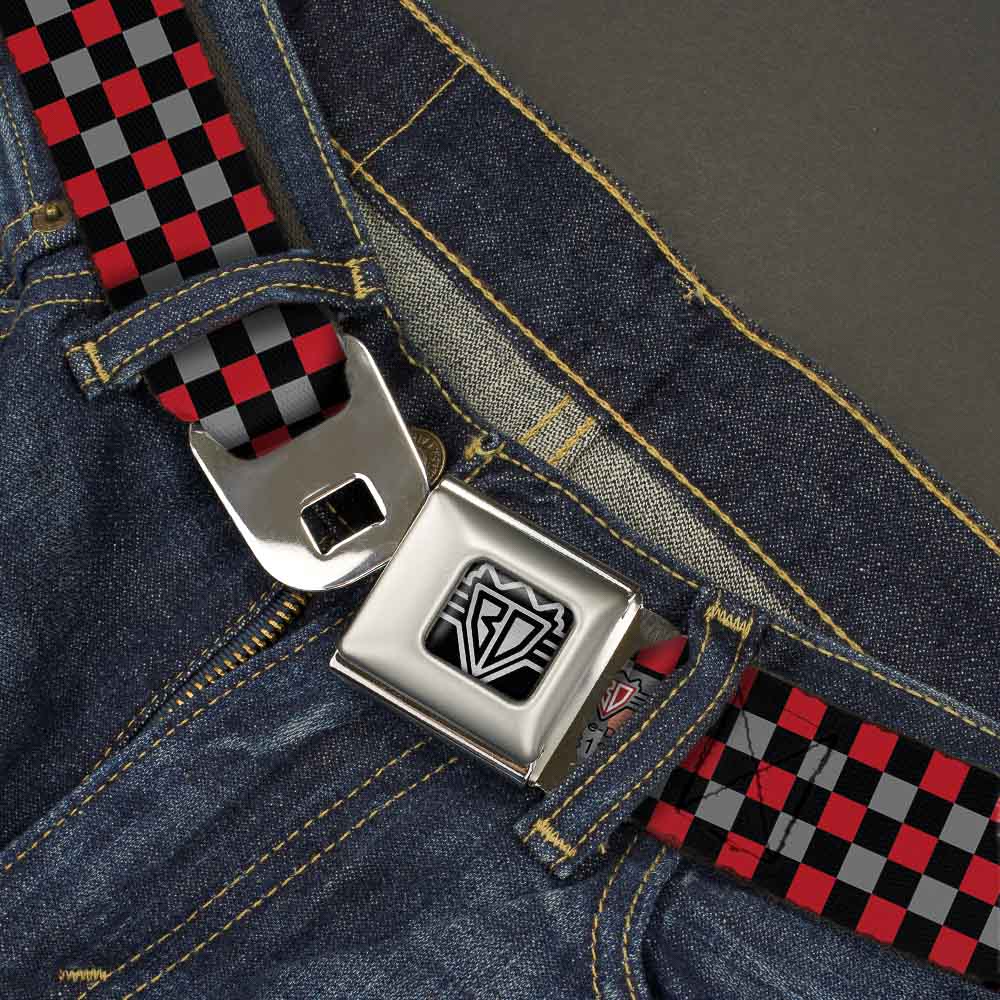 BD Wings Logo CLOSE-UP Full Color Black Silver Seatbelt Belt - Mini Checker Black/Gray/3 Red Webbing Seatbelt Belts Buckle-Down
