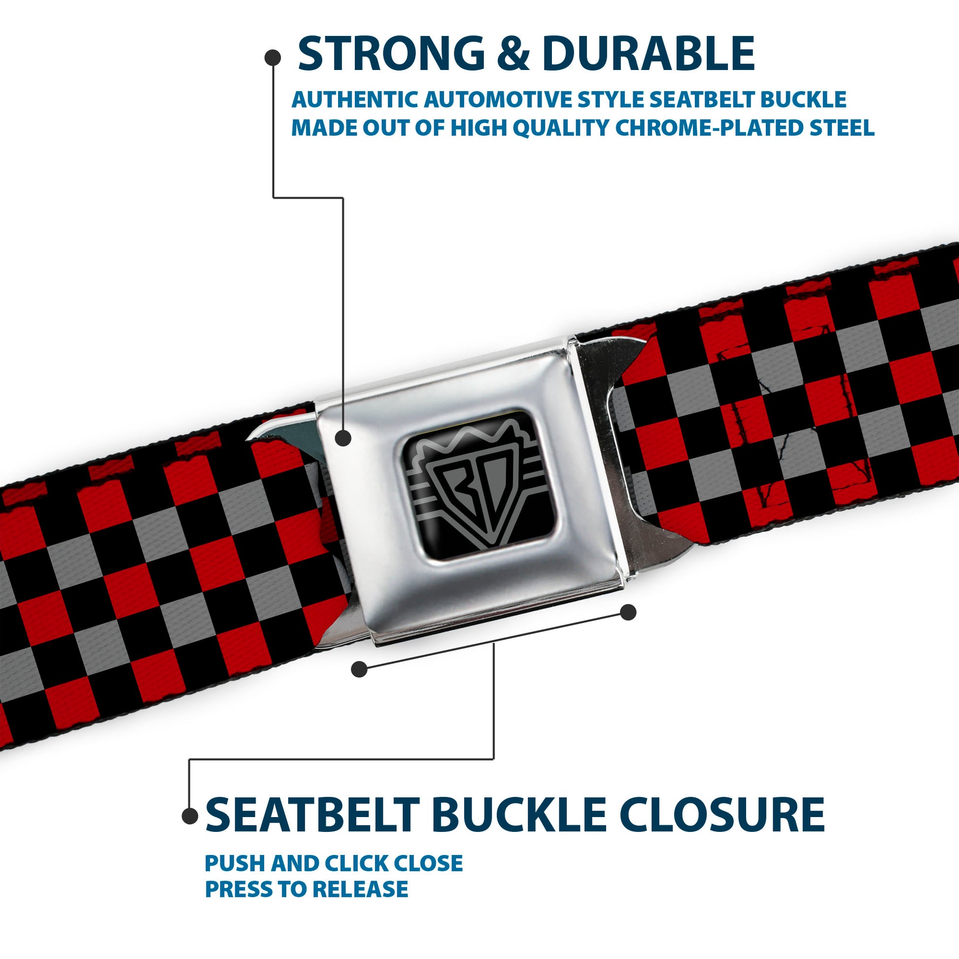 BD Wings Logo CLOSE-UP Full Color Black Silver Seatbelt Belt - Mini Checker Black/Gray/3 Red Webbing Seatbelt Belts Buckle-Down