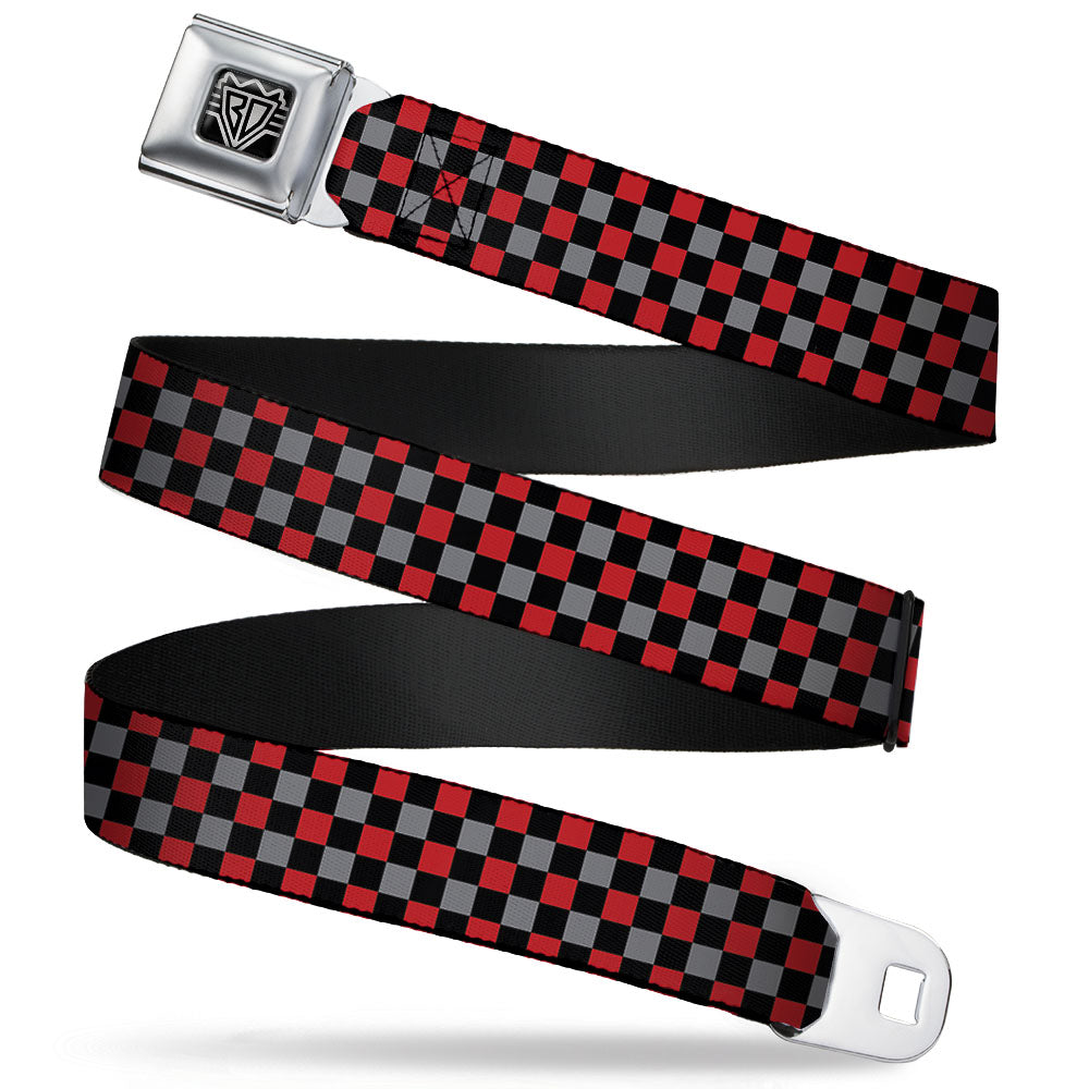BD Wings Logo CLOSE-UP Full Color Black Silver Seatbelt Belt - Mini Checker Black/Gray/3 Red Webbing Seatbelt Belts Buckle-Down