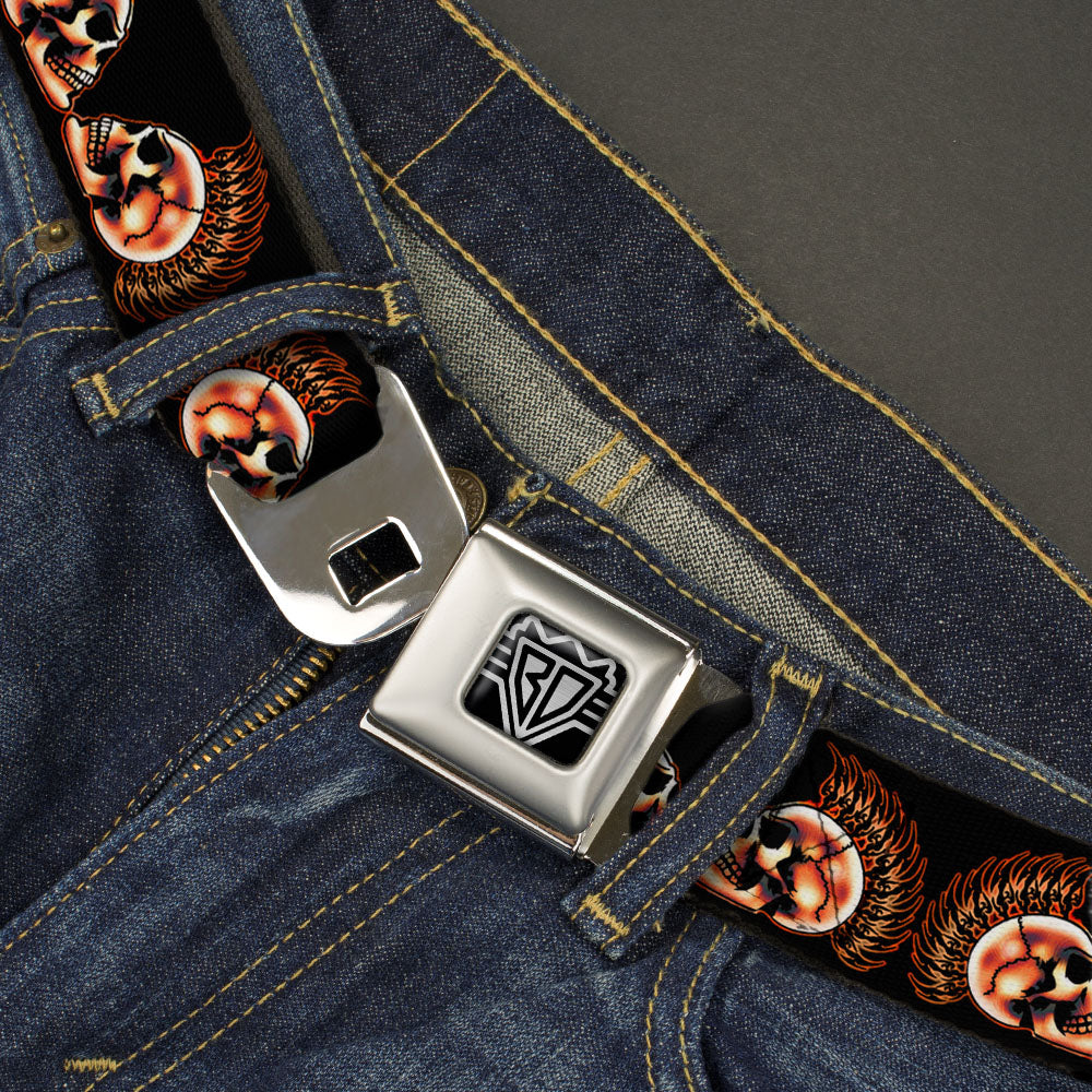 BD Wings Logo CLOSE-UP Full Color Black Silver Seatbelt Belt - Mohawk Skulls - NO Star Webbing Seatbelt Belts Buckle-Down