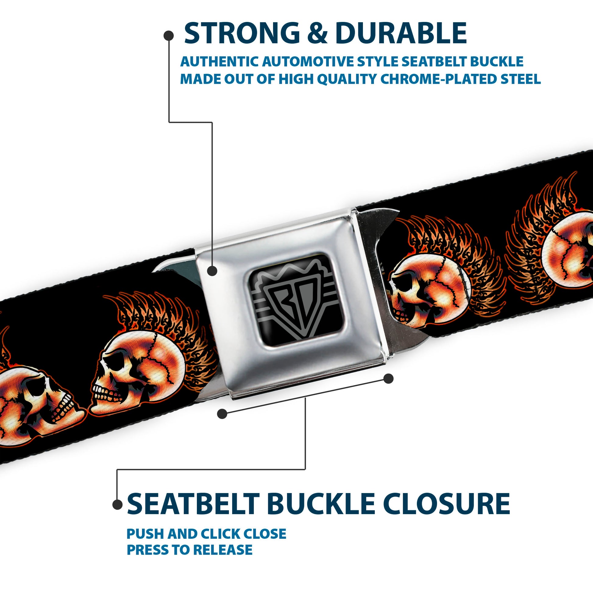 BD Wings Logo CLOSE-UP Full Color Black Silver Seatbelt Belt - Mohawk Skulls - NO Star Webbing Seatbelt Belts Buckle-Down
