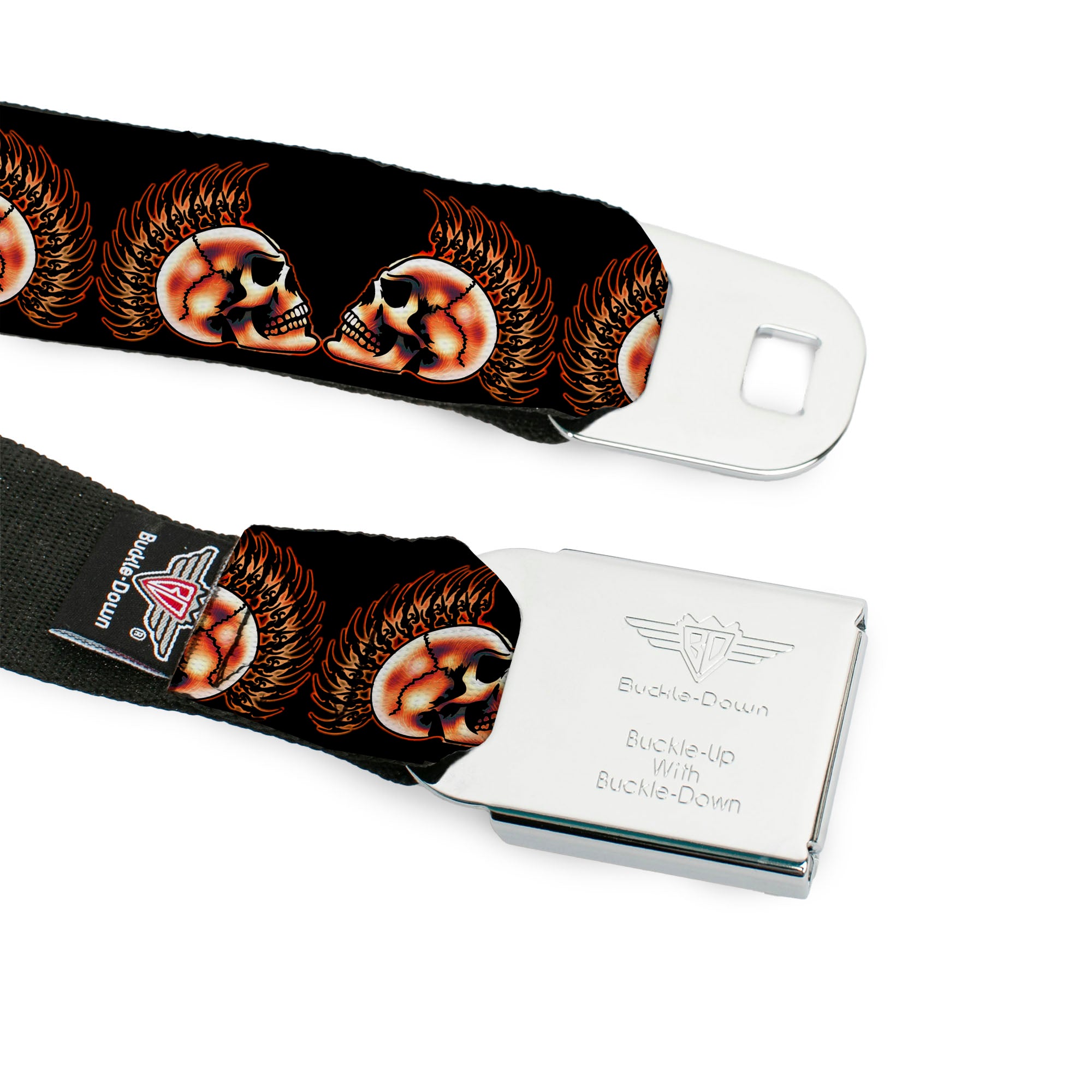BD Wings Logo CLOSE-UP Full Color Black Silver Seatbelt Belt - Mohawk Skulls - NO Star Webbing Seatbelt Belts Buckle-Down
