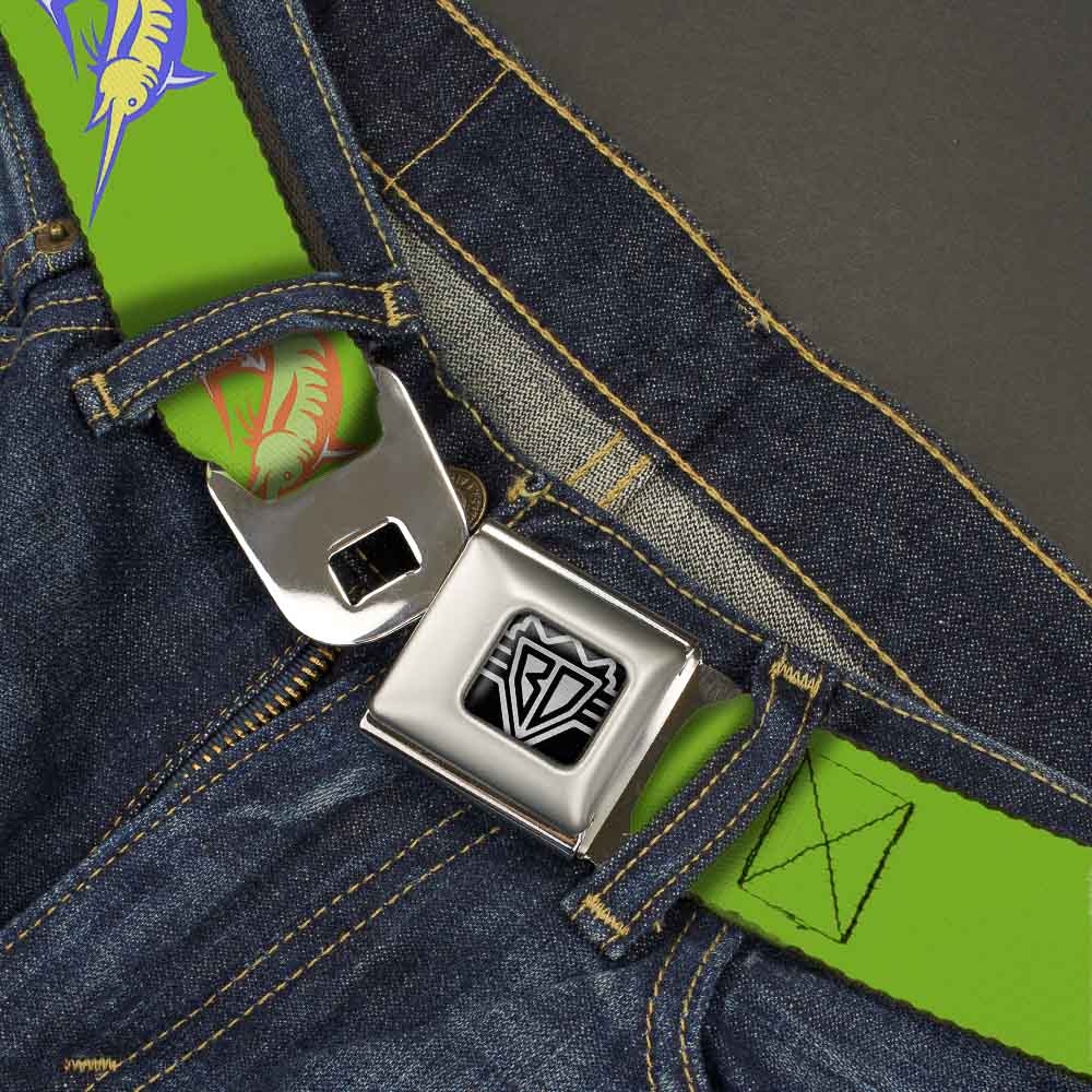 BD Wings Logo CLOSE-UP Full Color Black Silver Seatbelt Belt - Marlin Green/Multi Color Webbing Seatbelt Belts Buckle-Down